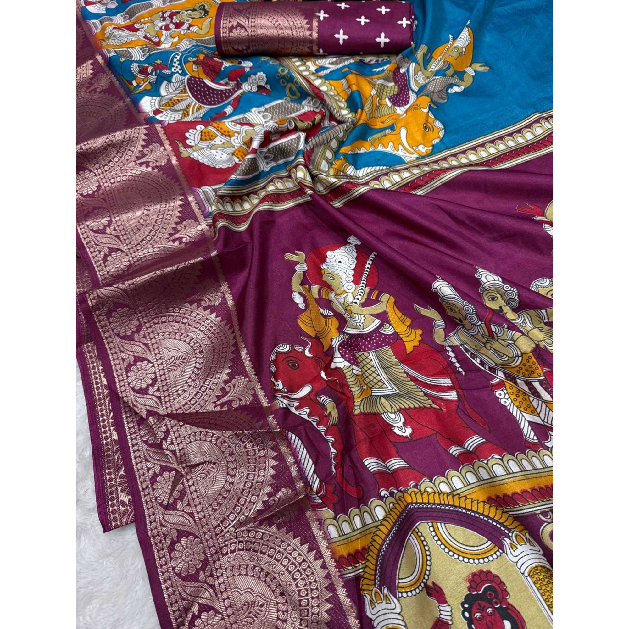 Teal Mangalagiri Patterned Dola Silk Saree Accentuated with Gleaming Zari Borders