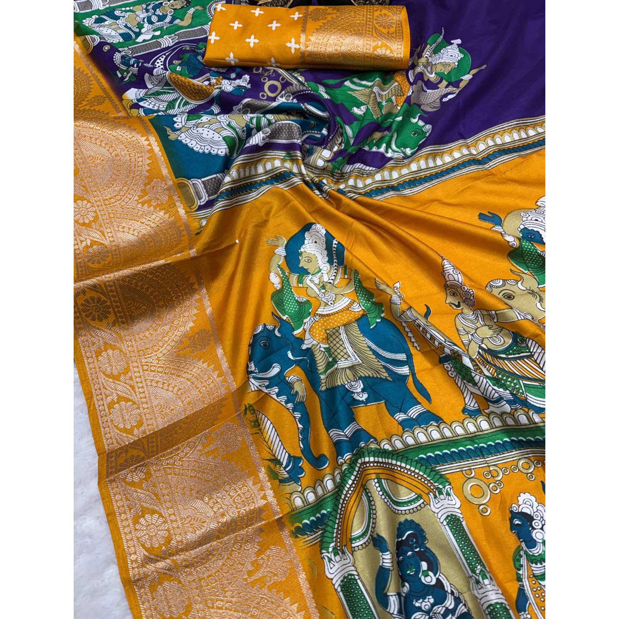 Violet Mangalagiri Patterned Dola Silk Saree Accentuated with Gleaming Zari Borders