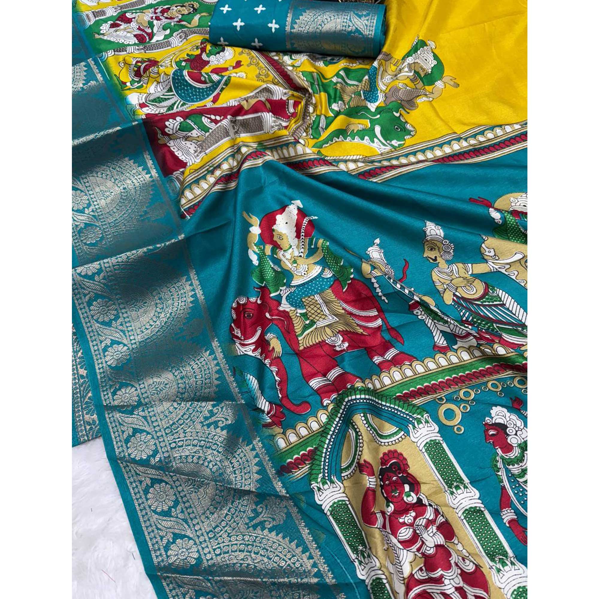 Yellow Mangalagiri Patterned Dola Silk Saree Accentuated with Gleaming Zari Borders
