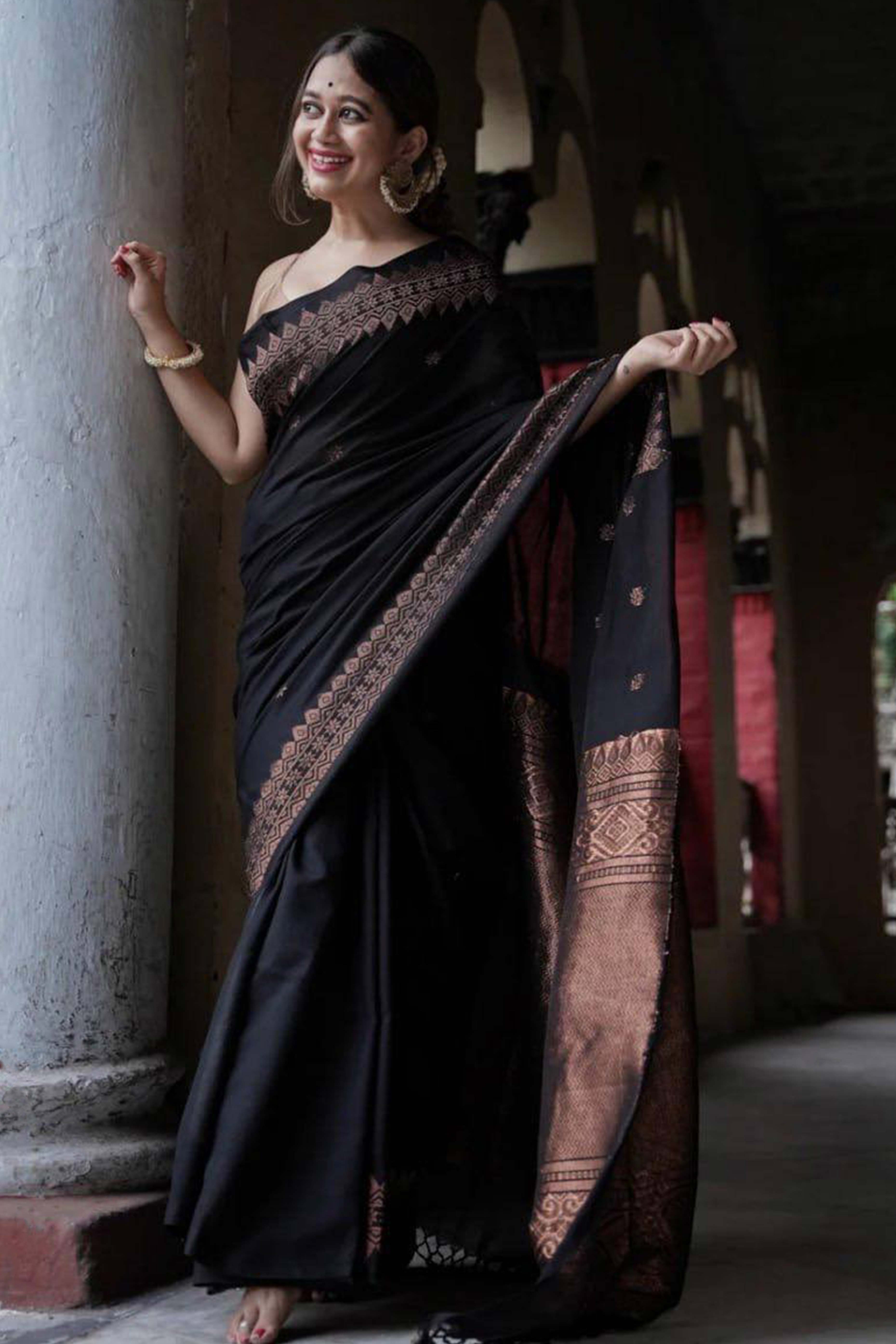 Black Floral Woven Lichi Banarasi Silk Saree