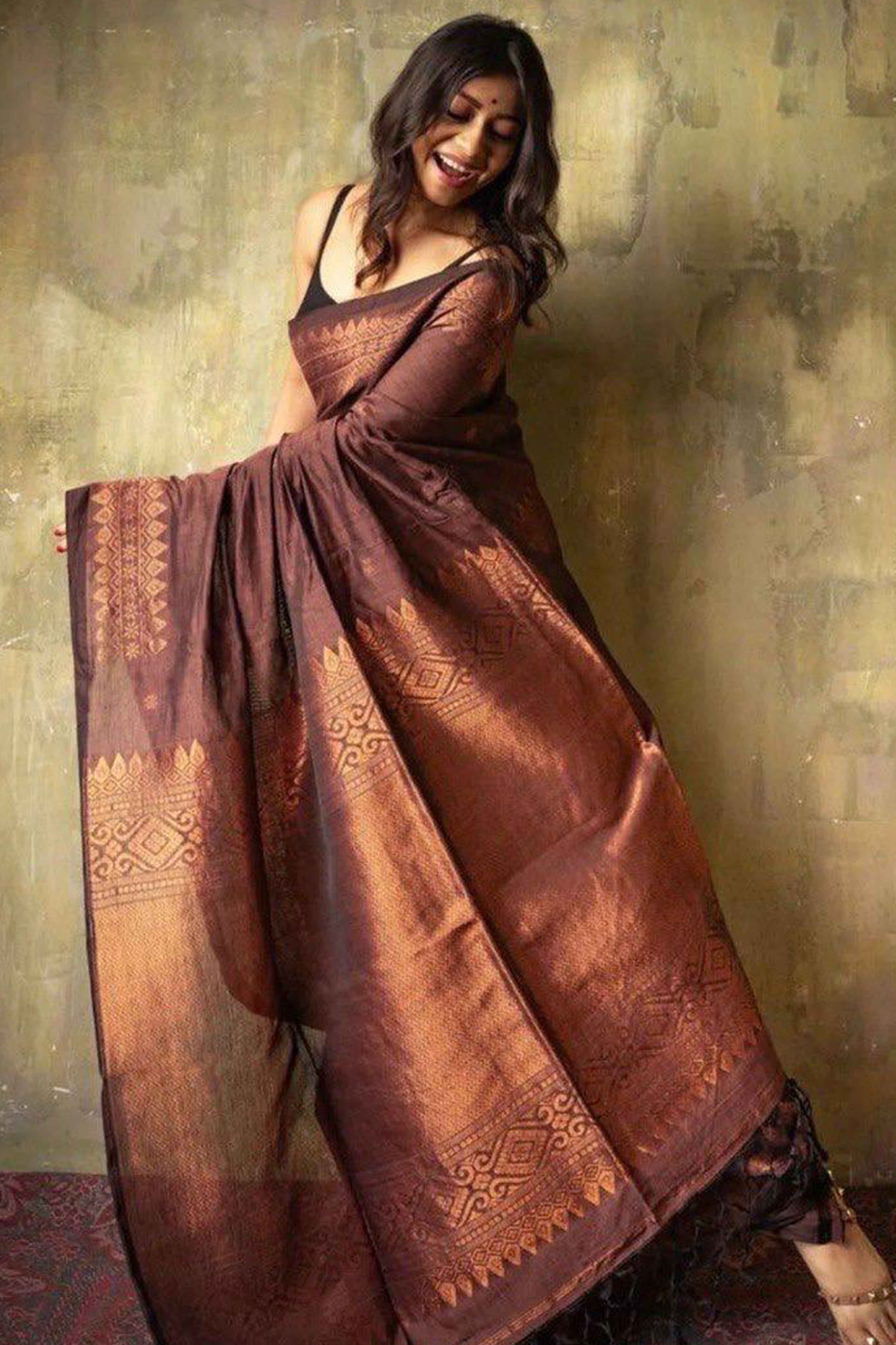 Brown Floral Woven Lichi Banarasi Silk Saree
