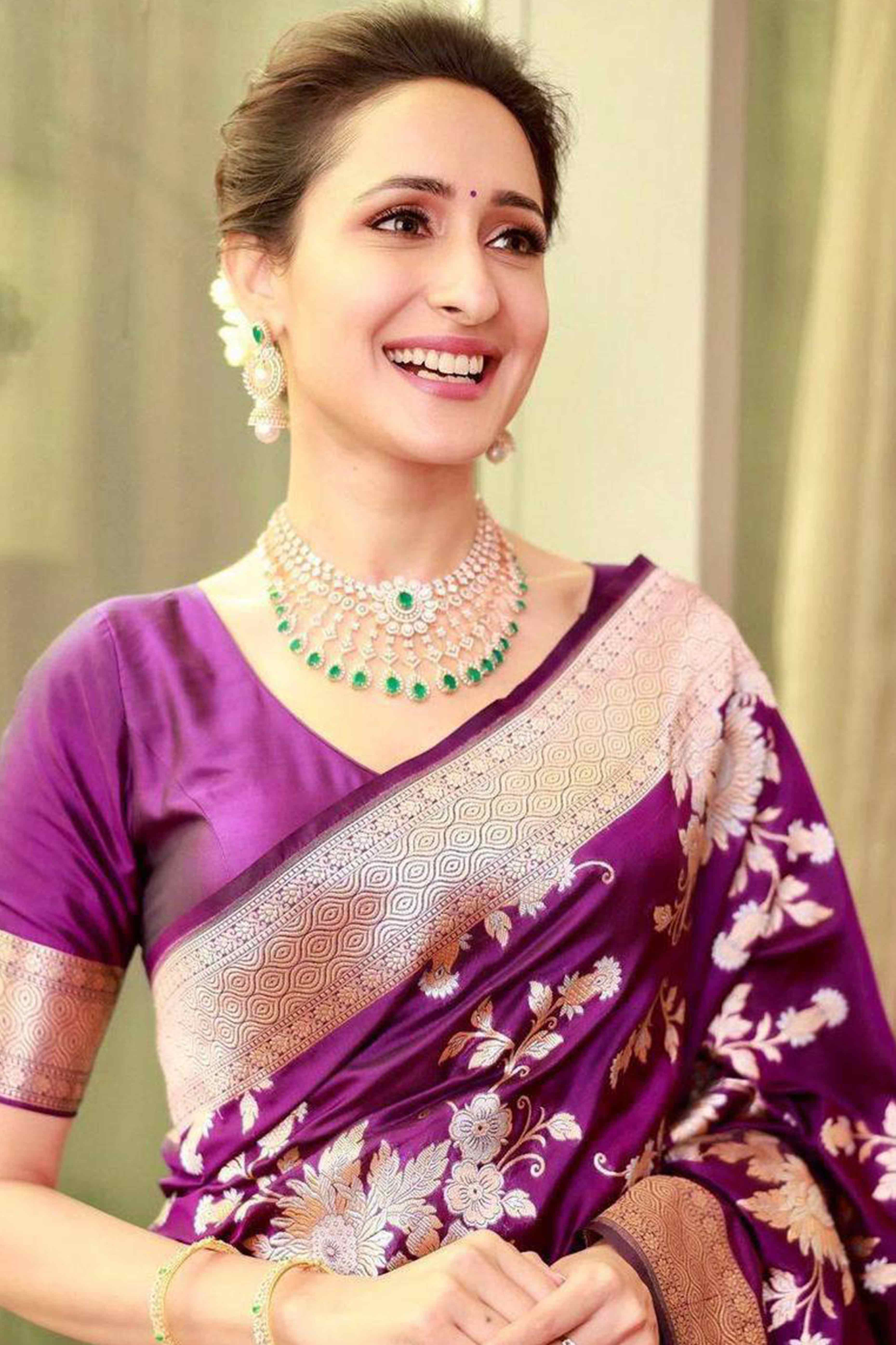 Purple Floral Woven Lichi Banarasi Silk Saree