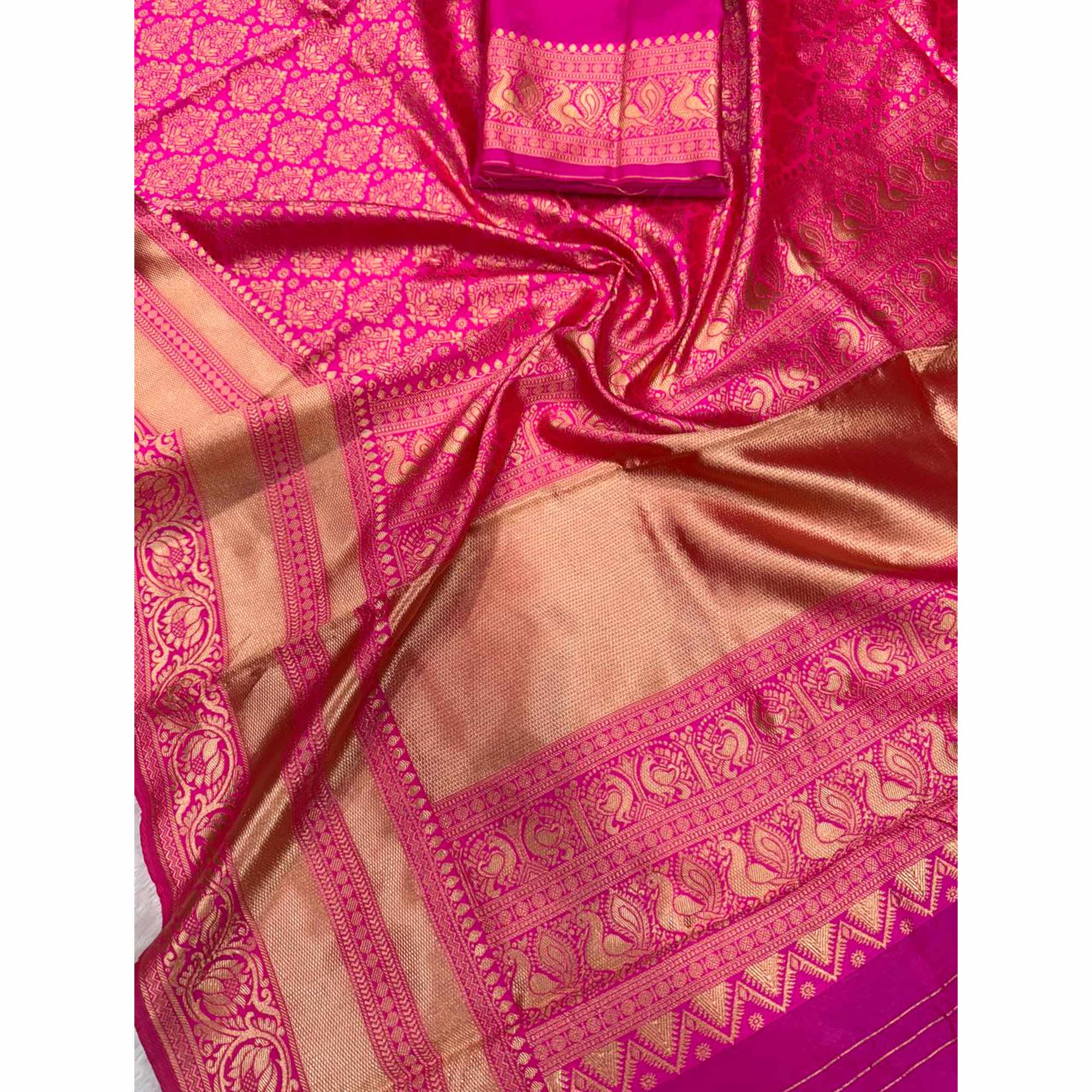 Rani Pink Floral Woven Lichi Banarasi Silk Saree