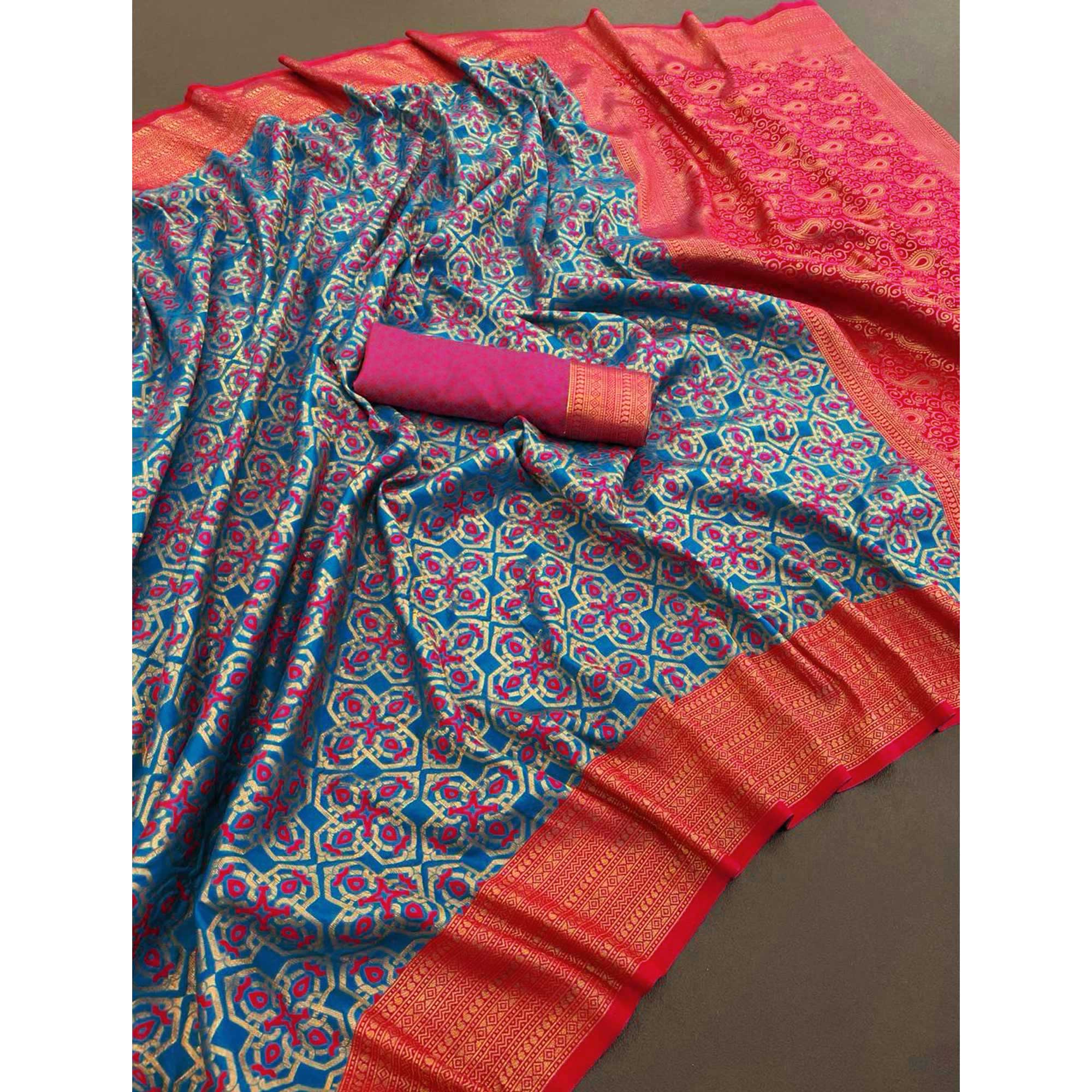 Morpich Blue Zari Woven With Butti Work Banarasi Silk Saree
