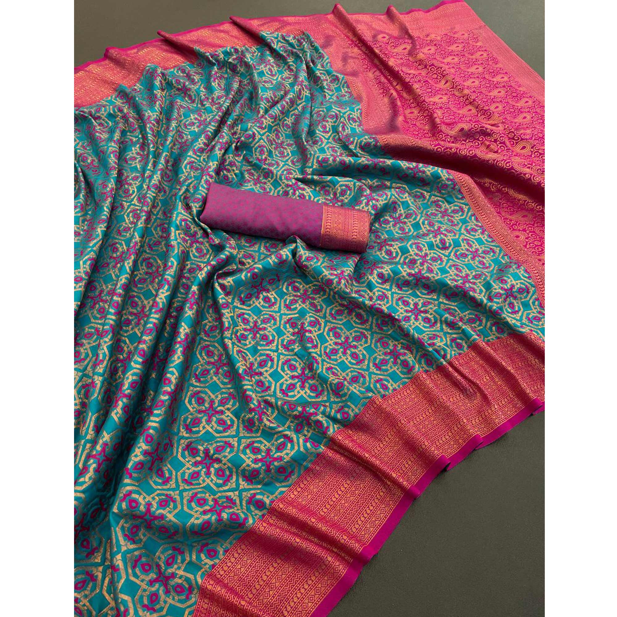 Rama Blue Zari Woven With Butti Work Banarasi Silk Saree
