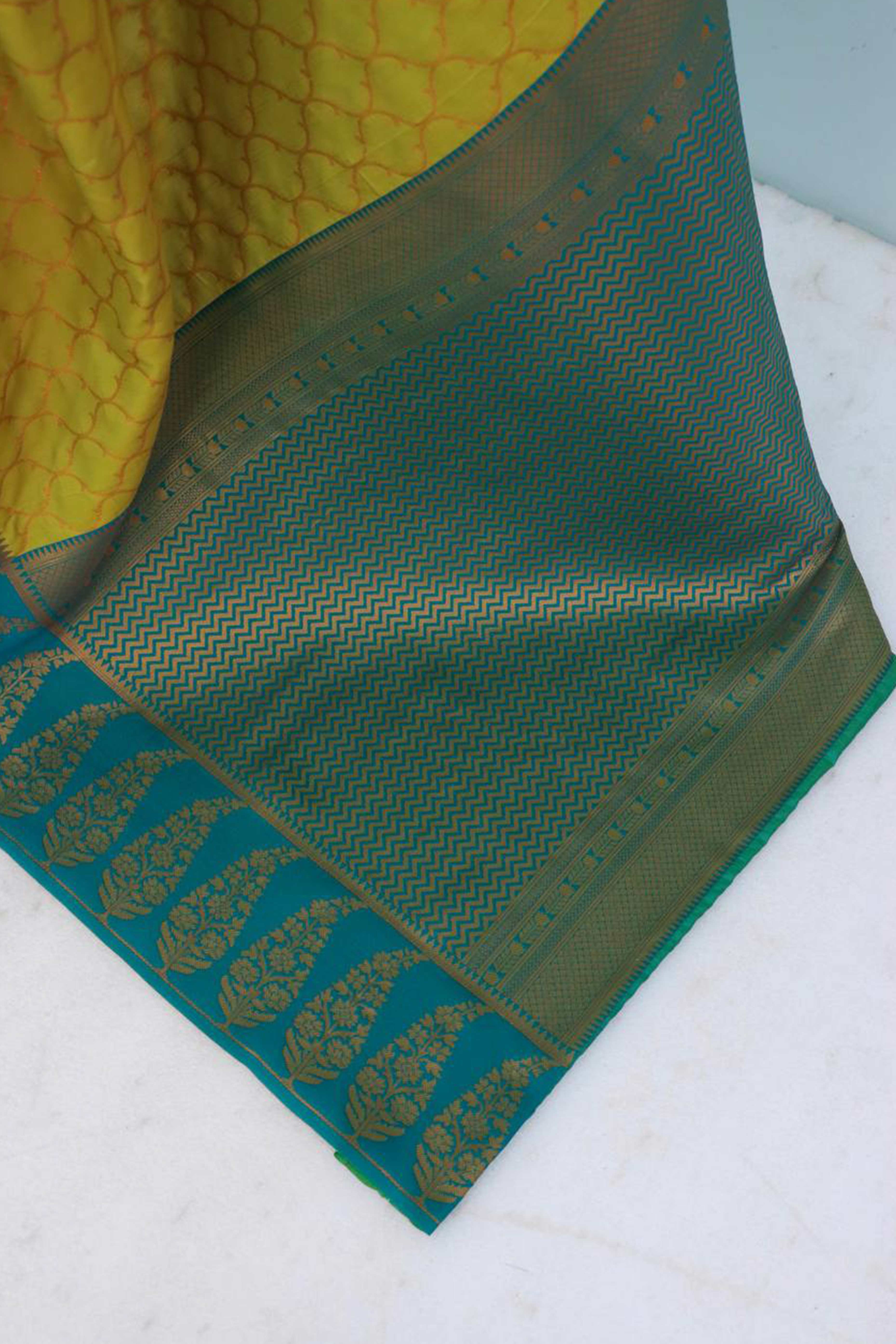 Mustard Floral Woven Kanjivaram Silk Saree