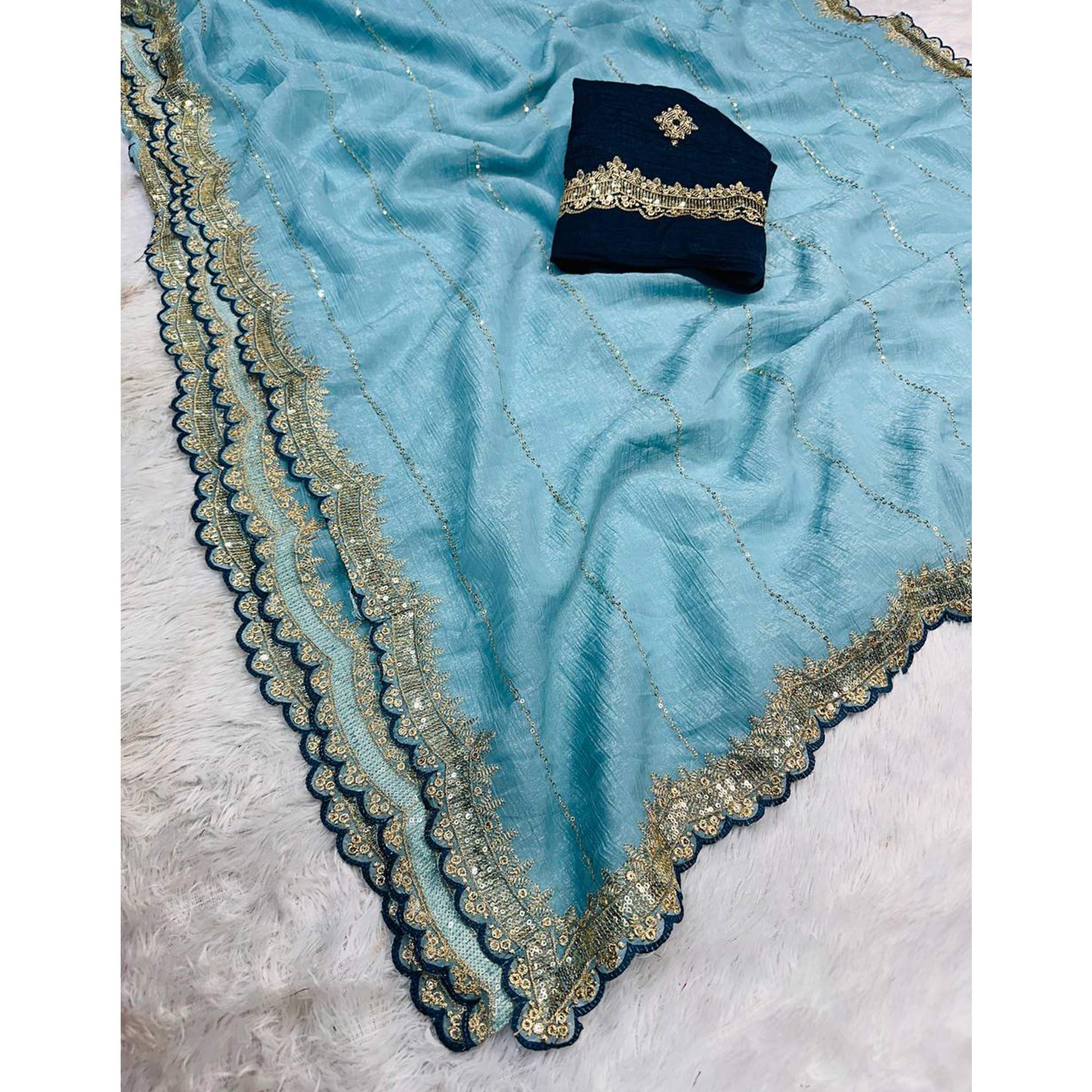 Blue Sequins Embroidered Tussar silk Saree