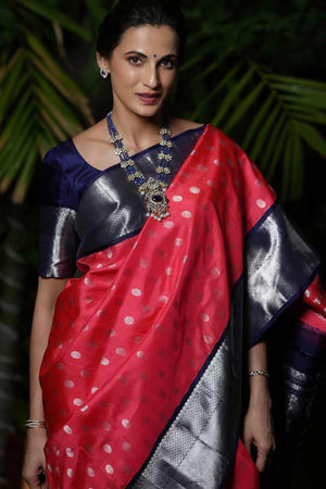 Pink Floral Woven Lichi Banarasi Silk Saree