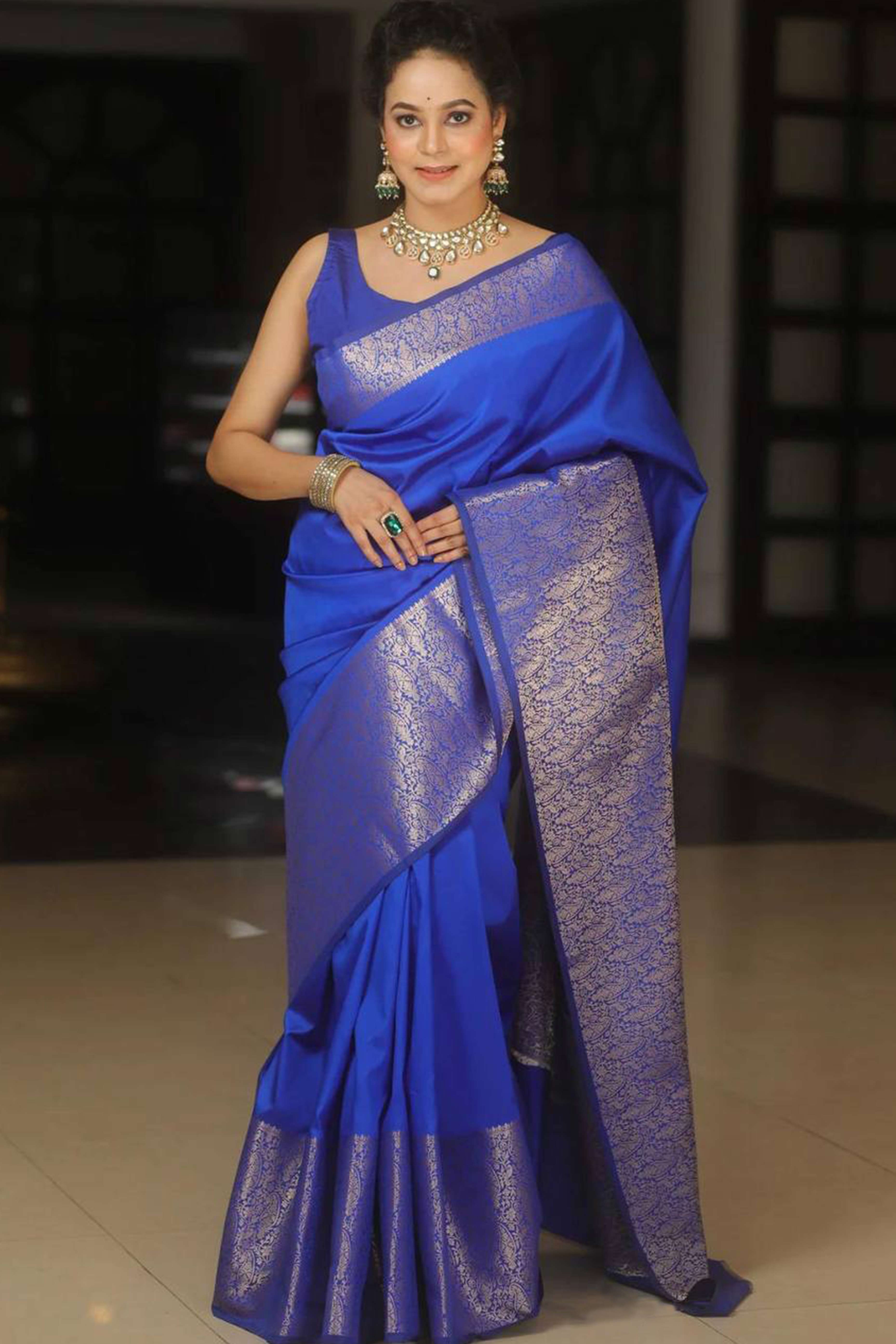 Blue Floral Woven Border Lichi Banarasi Silk Saree