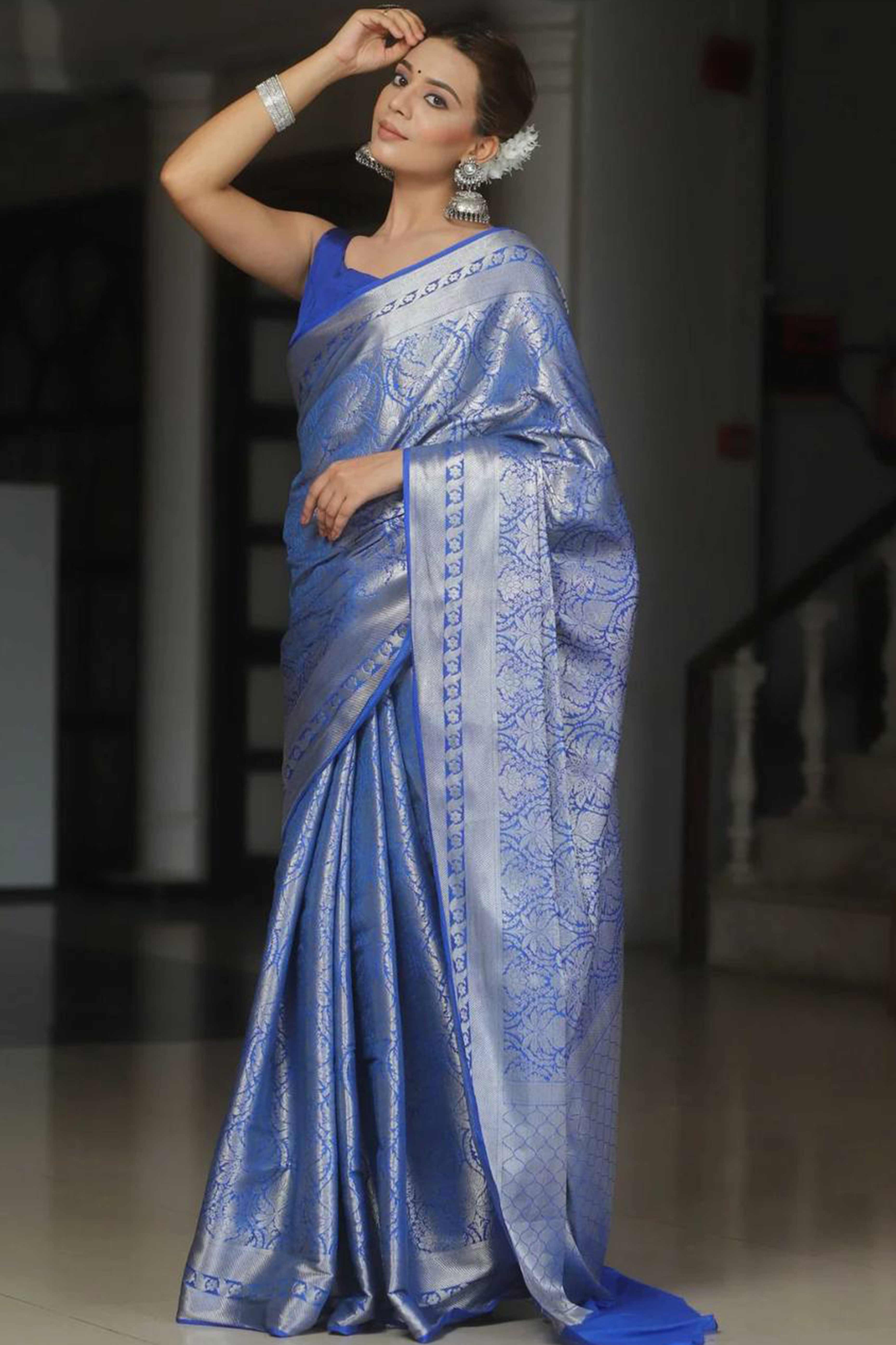 Royal Blue Floral Woven Lichi Banarasi Silk Saree