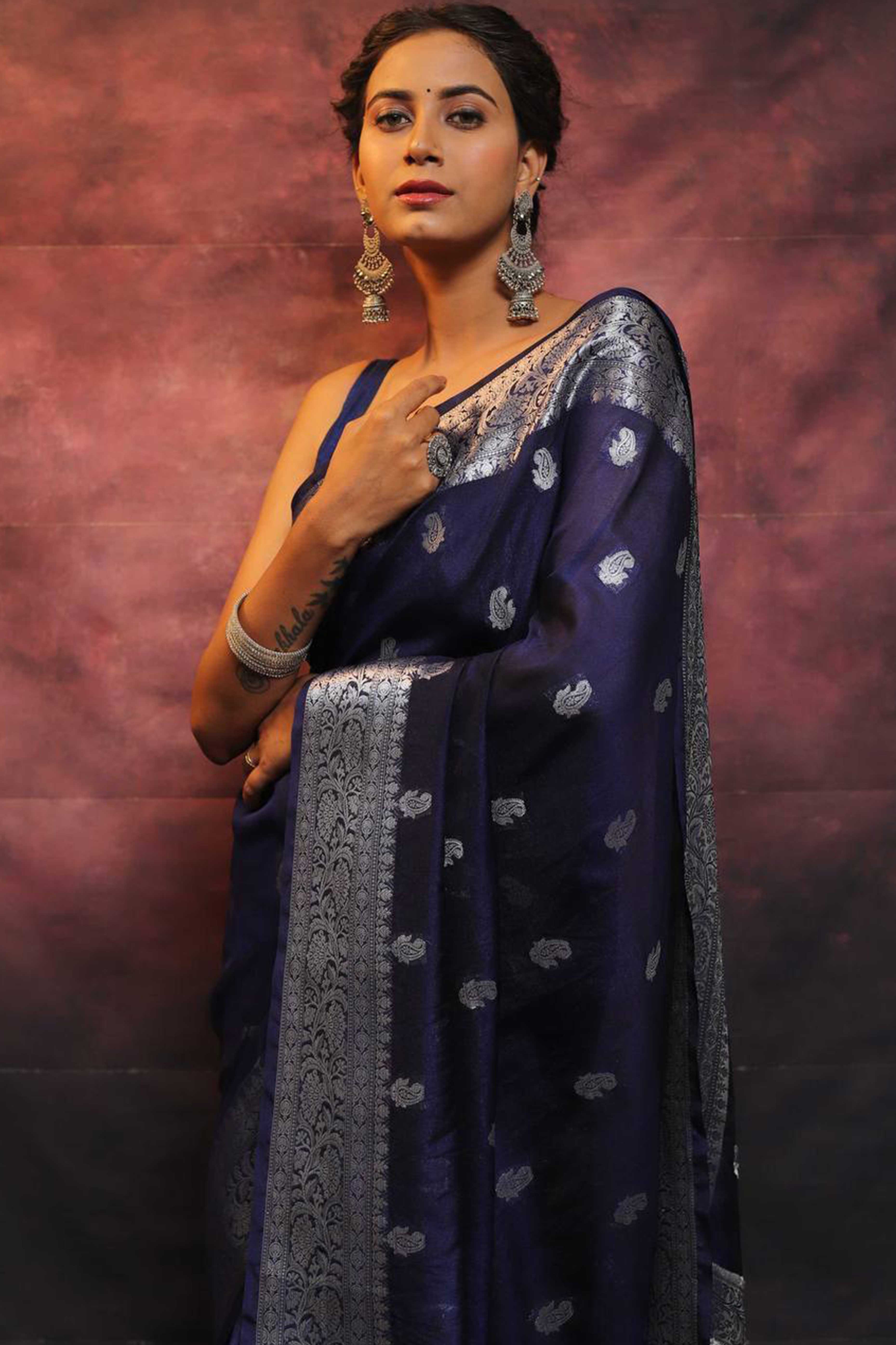 Navy Blue Floral Woven Lichi Banarasi Silk Saree