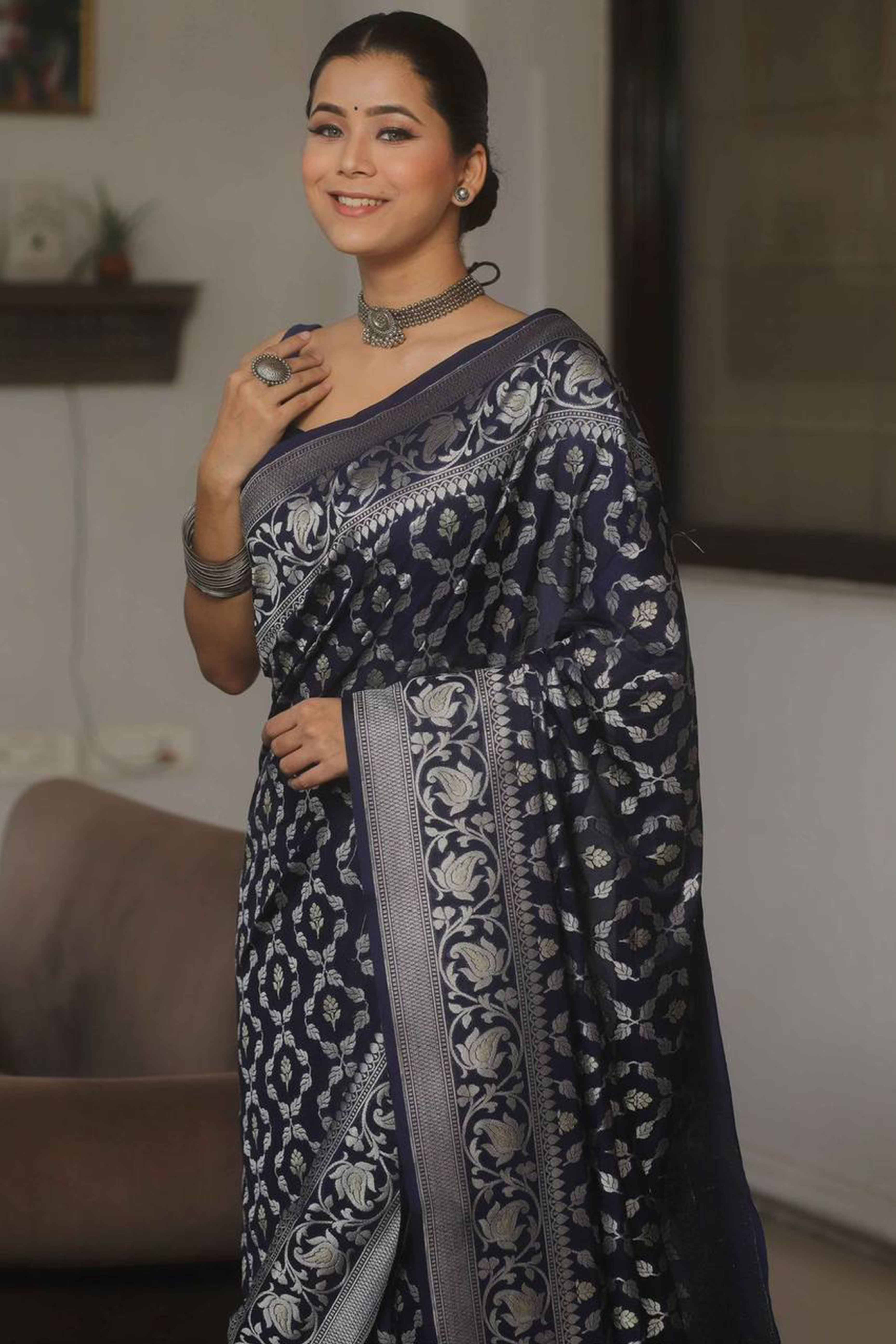 Navy Blue Floral Woven Banarasi Silk Saree
