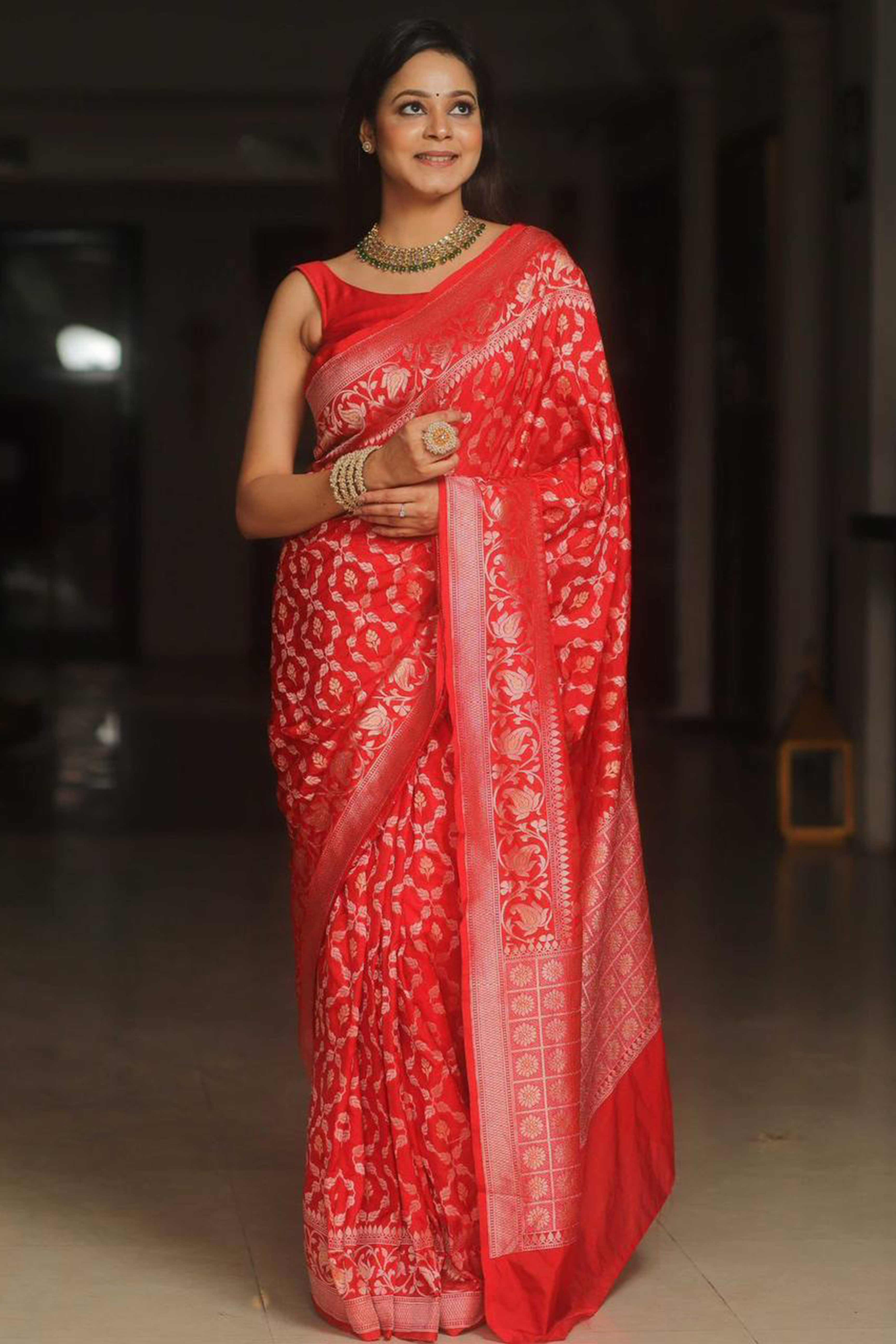 Red Floral Woven Banarasi Silk Saree