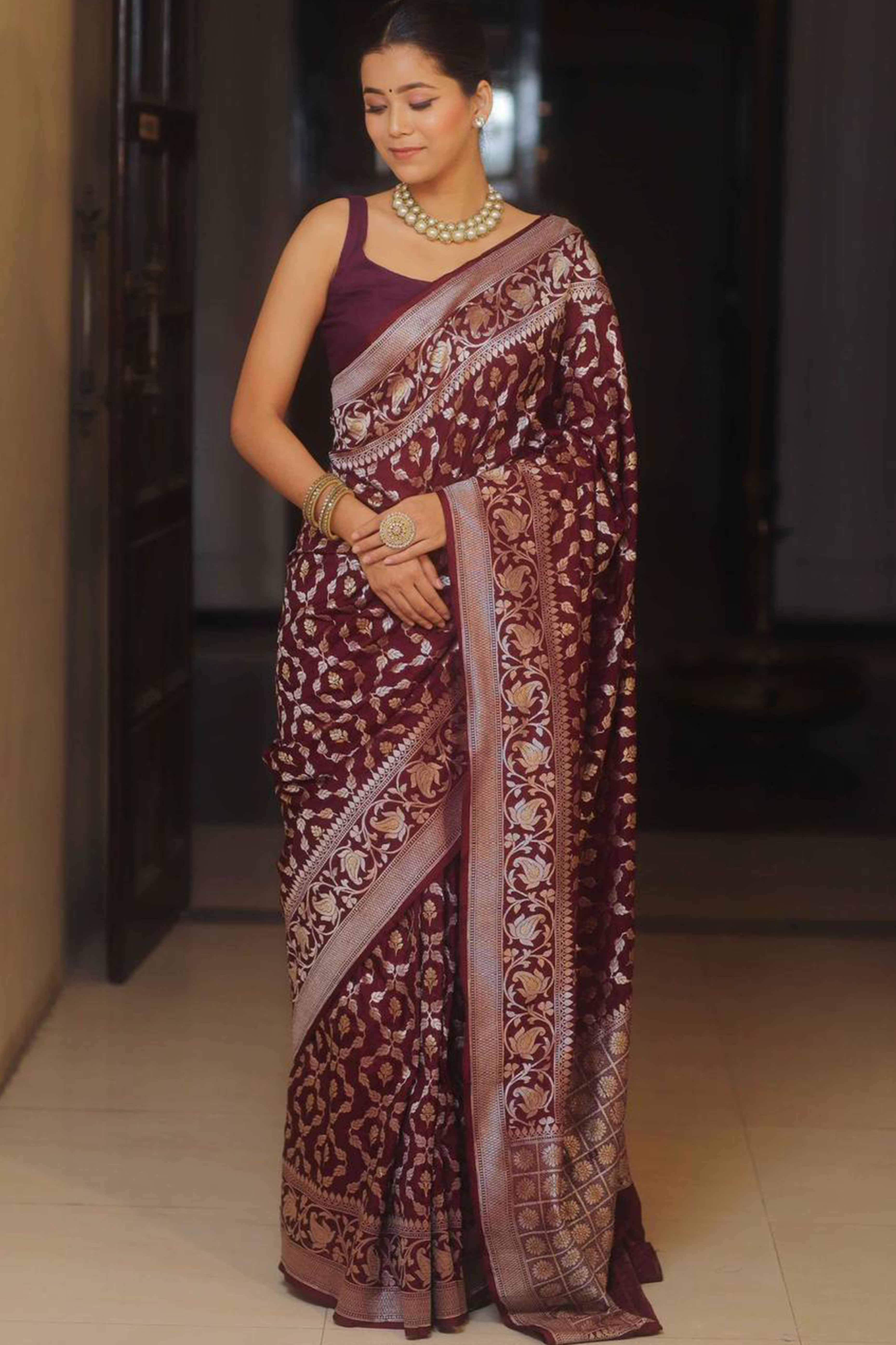 Wine Floral Woven Banarasi Silk Saree