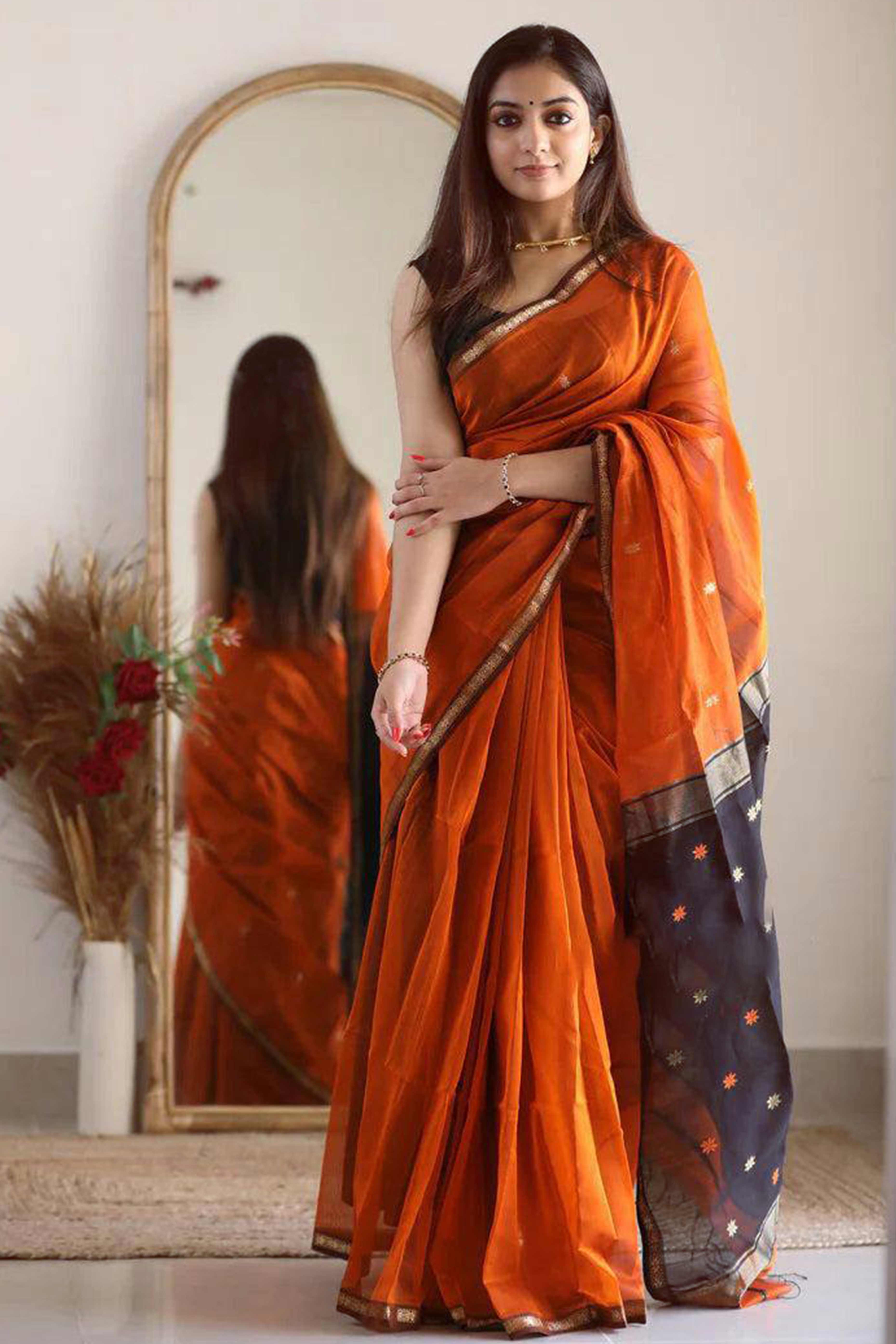 Burnt Orange Linen Cotton Saree with Zari Butti Embellishment