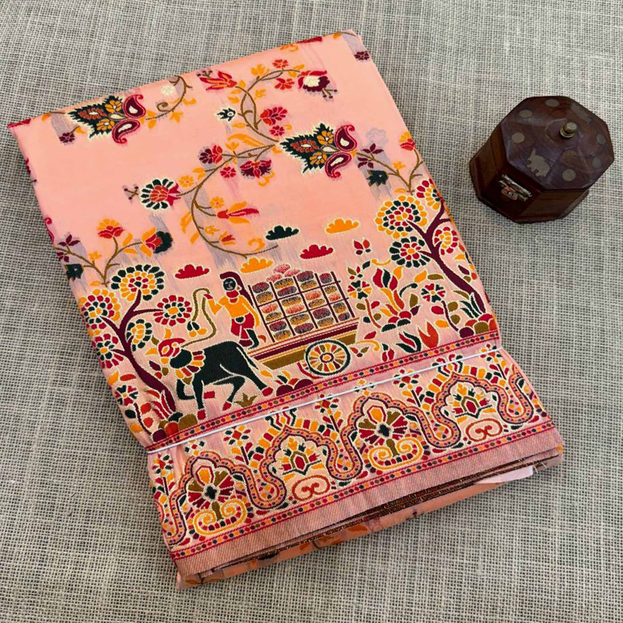 Royal Peach Pashmina Silk Saree with Rajwadi Zari Weaving