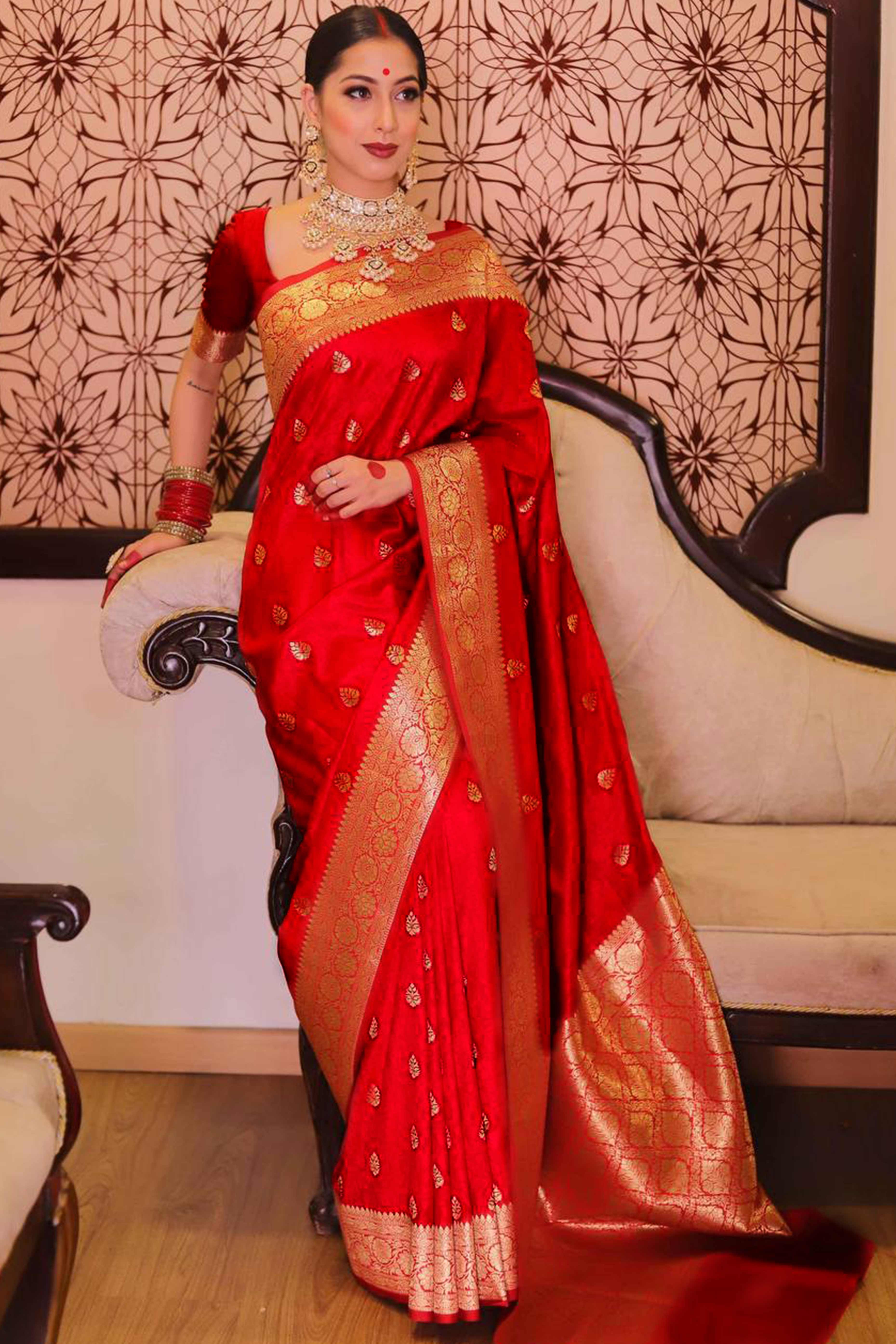 Red Zari Butti Embellished Banarasi Silk Saree Offering Timeless Grace and Festive Charm