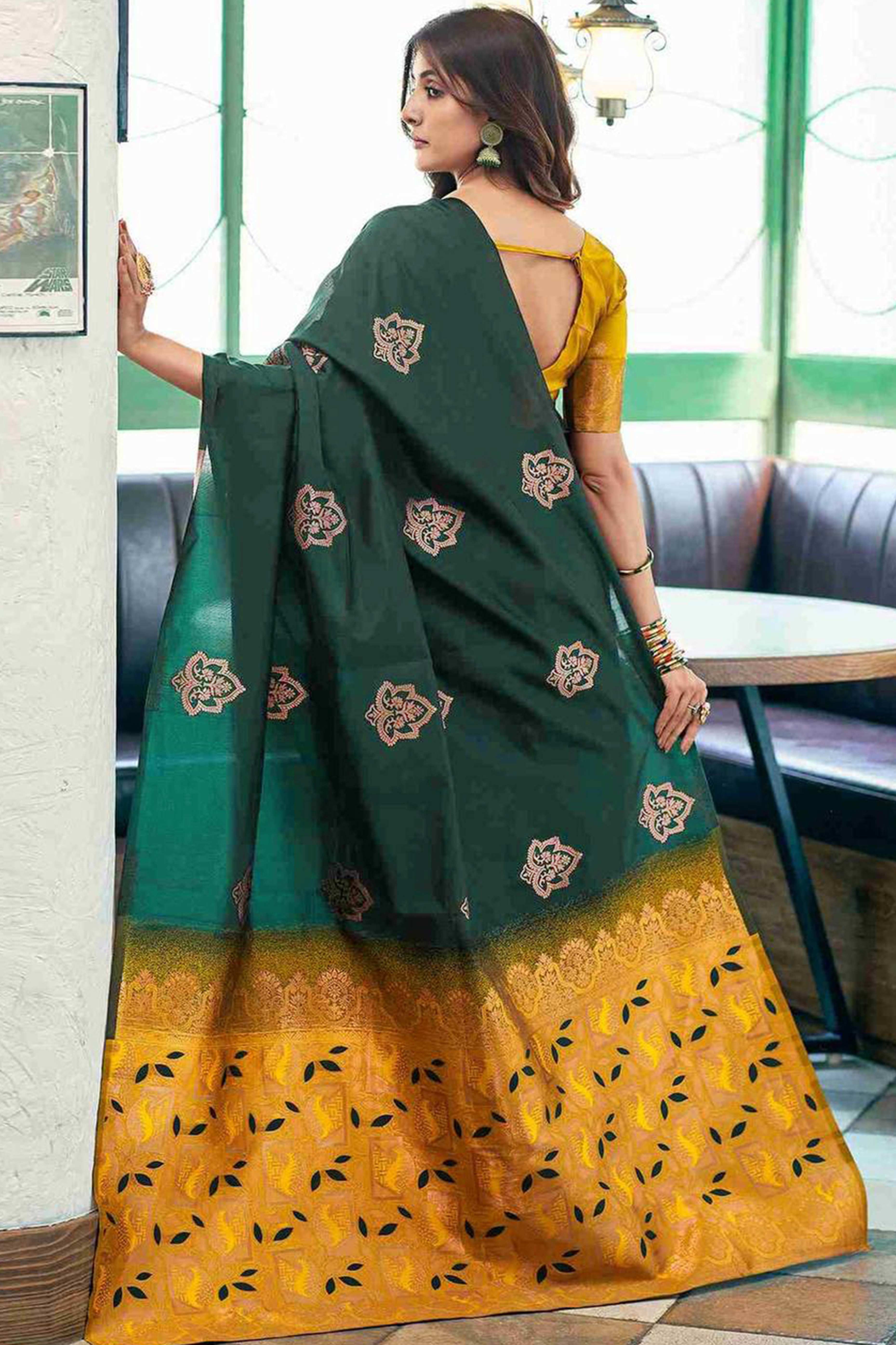 Green Banarasi Silk Saree Adorned with Elegant Floral Zari Weaving