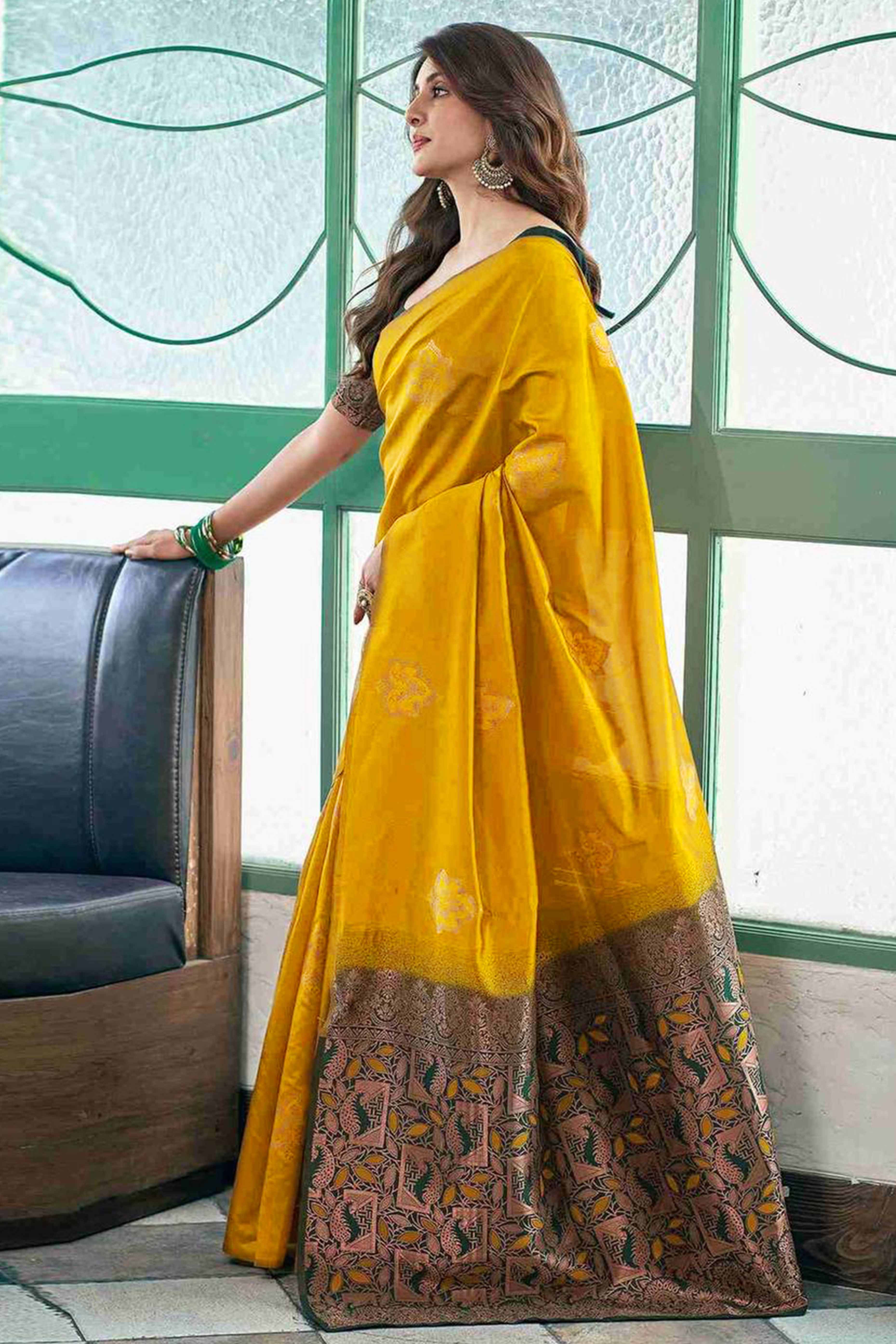 Mustard Banarasi Silk Saree Adorned with Elegant Floral Zari Weaving