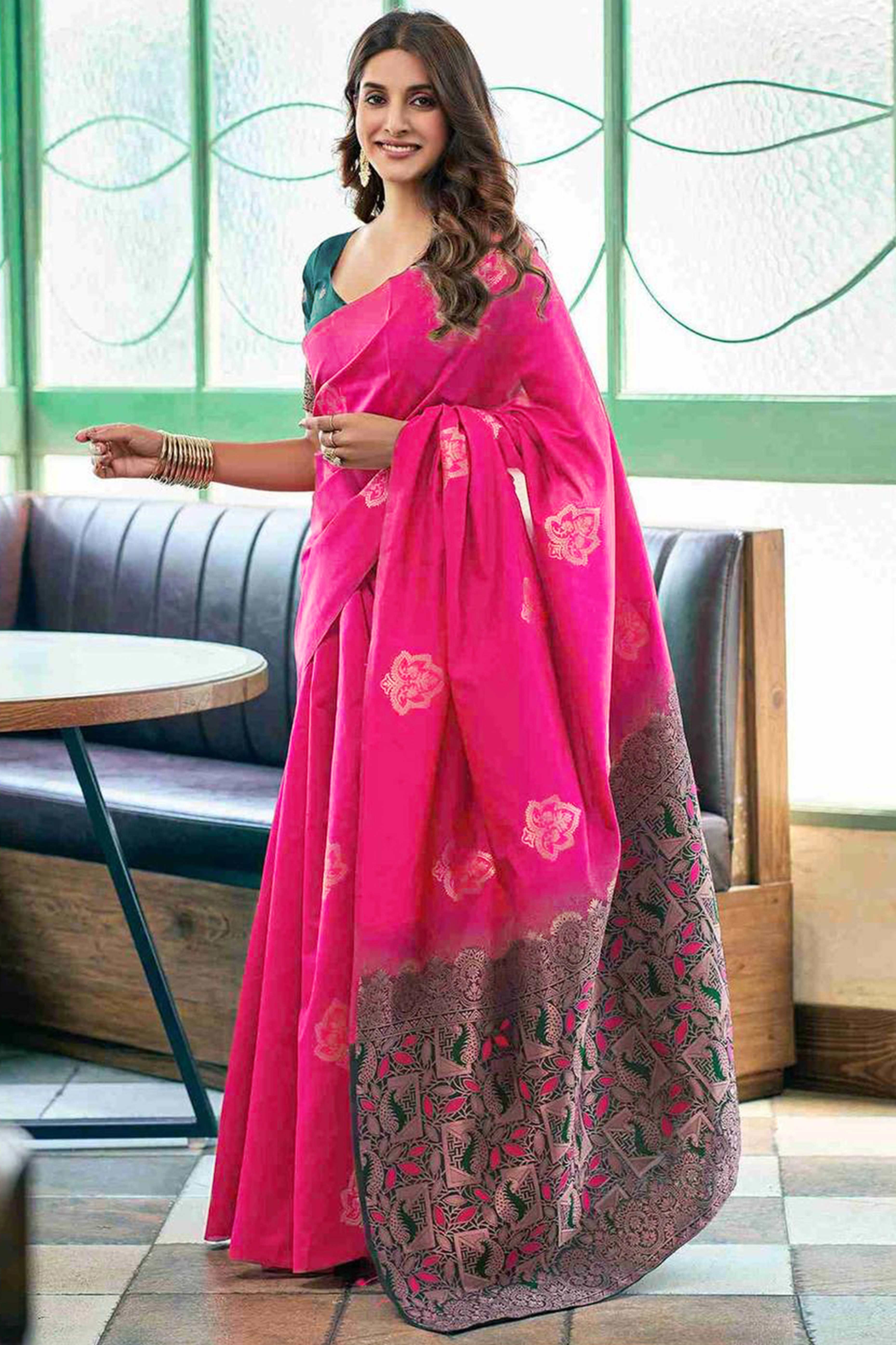 Pink Banarasi Silk Saree Adorned with Elegant Floral Zari Weaving