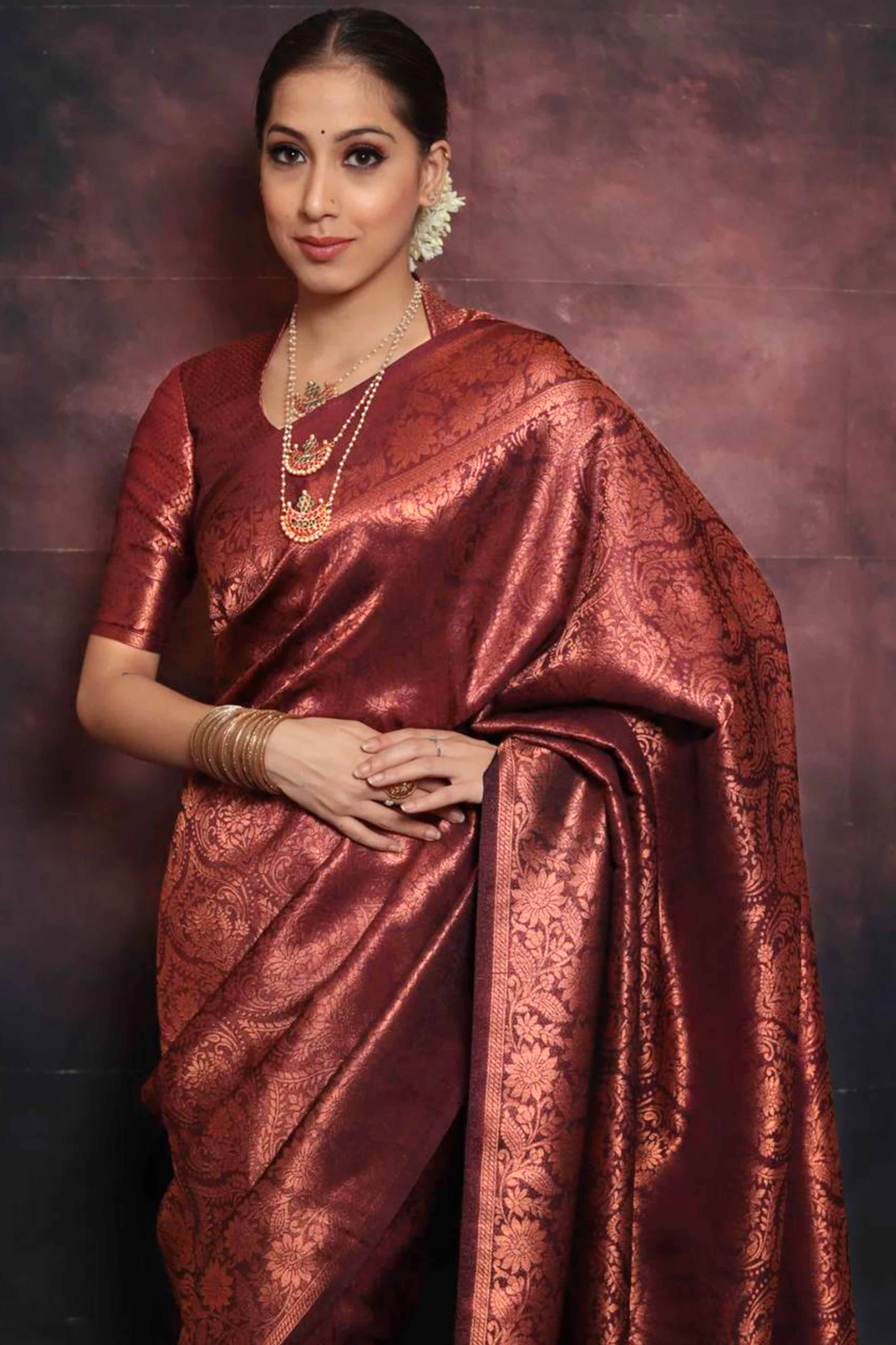 Royal Rusty Maroon Pure Silk Banarasi Saree Highlighted with Handwoven Zari Buta Motifs