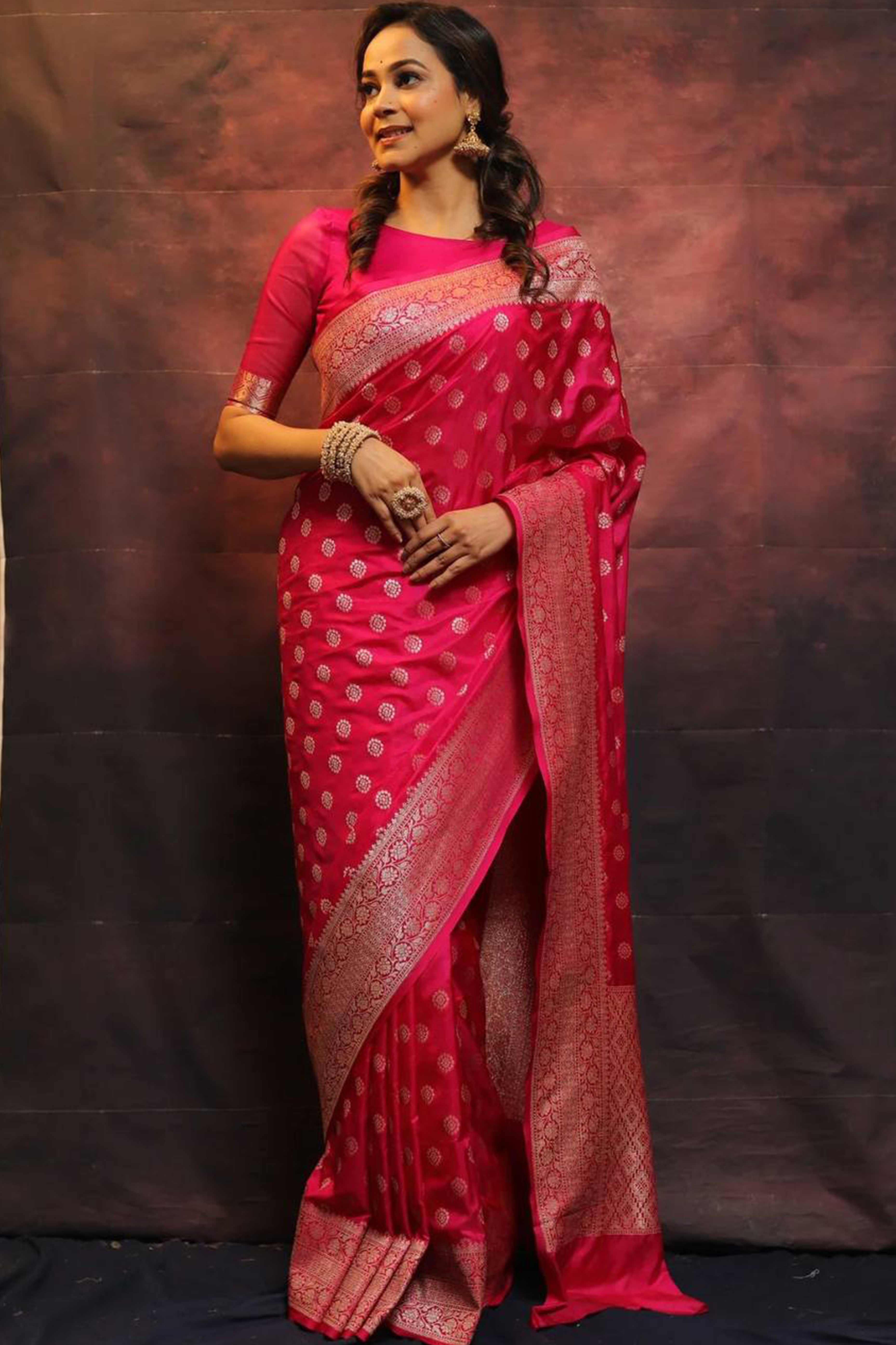 Rich Pink Banarasi Saree in Pure Silk with Traditional Zari Butti Weaving