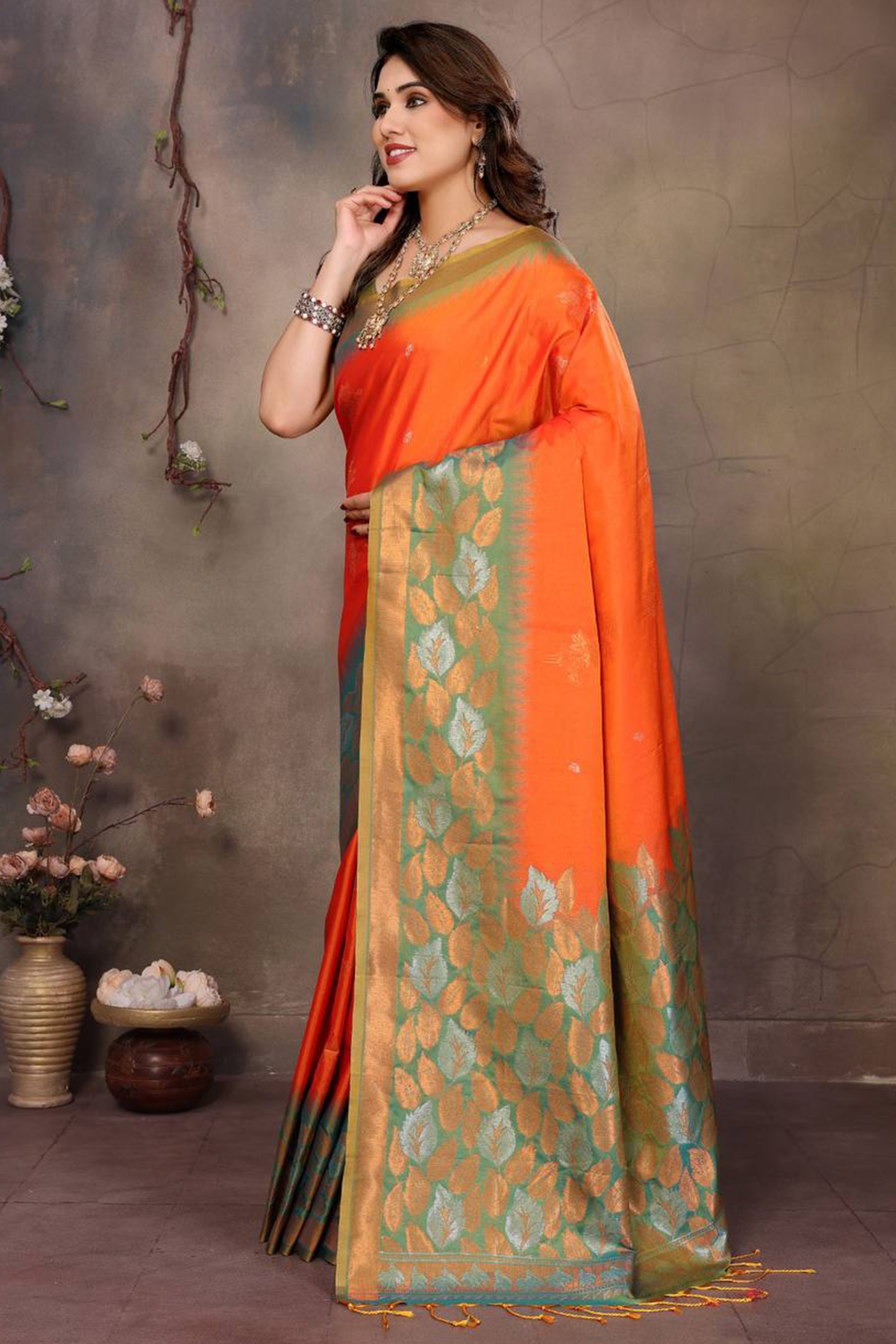 Orange Leaf & Floral Motif Banarasi Silk Saree With Luxurious Zari Weaving Two Tone Weaving