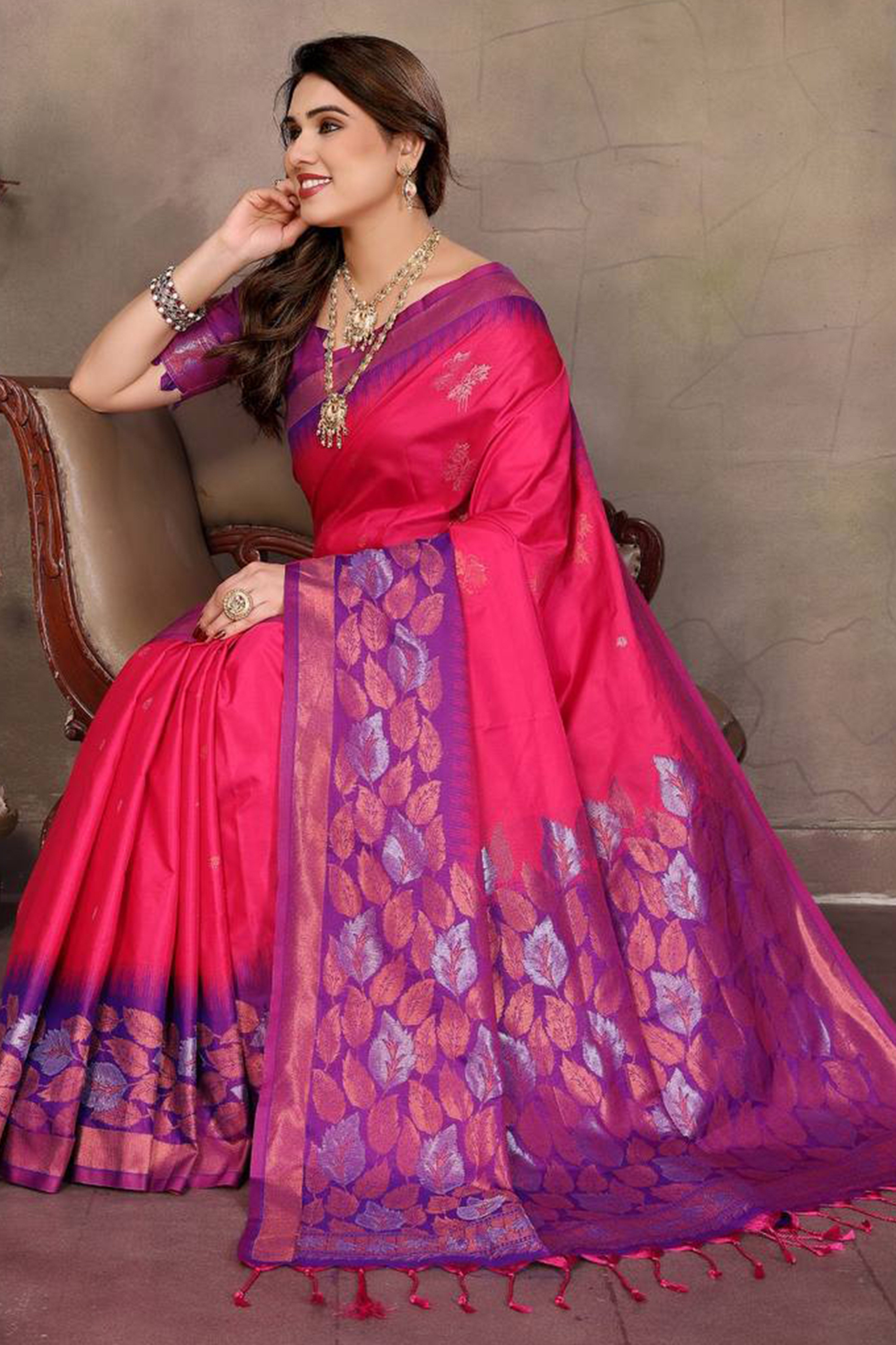 Rani Pink Leaf & Floral Motif Banarasi Silk Saree With Luxurious Zari Weaving Two Tone Weaving
