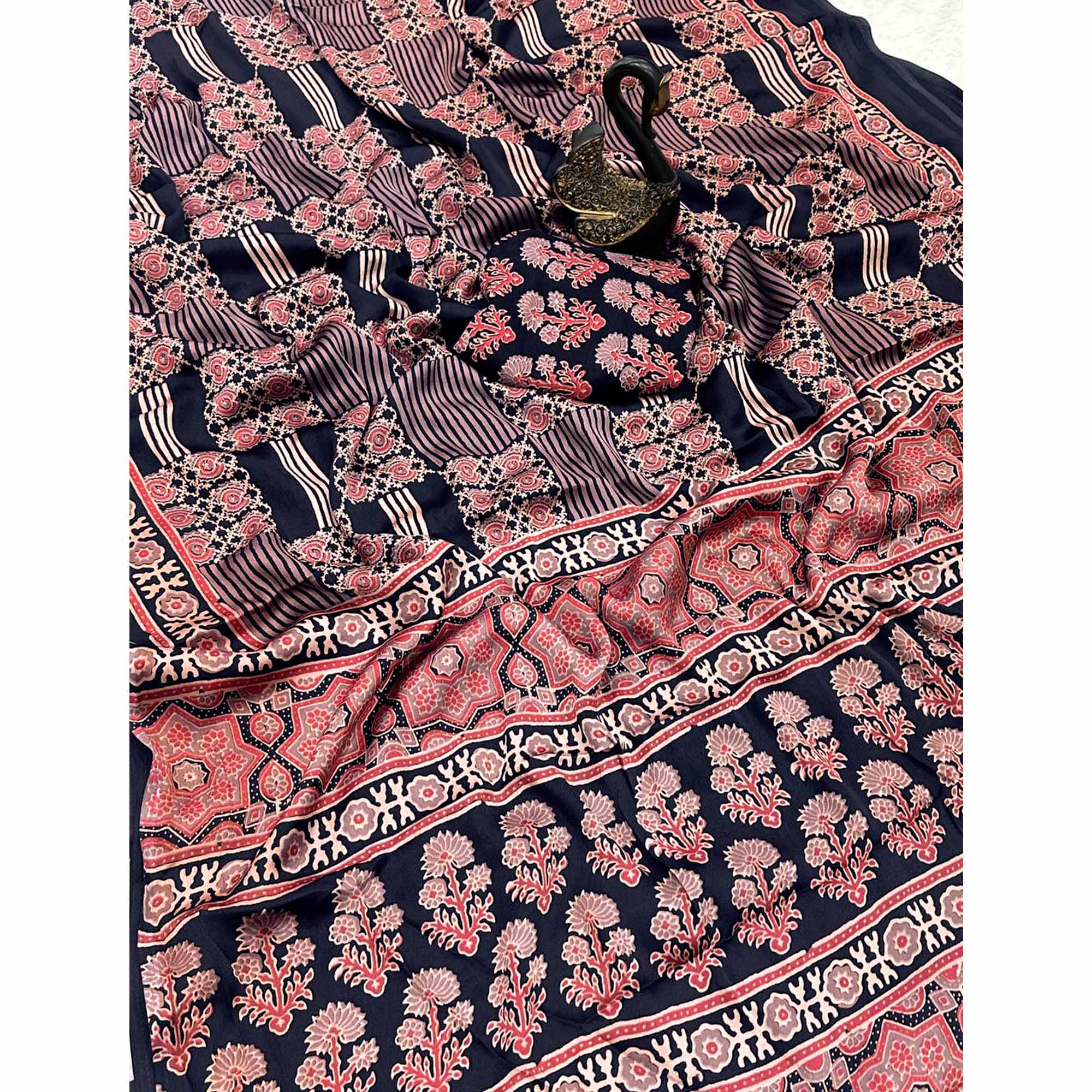 Designer Black Ajrakh Print Pure Silk Saree for Special Occasions