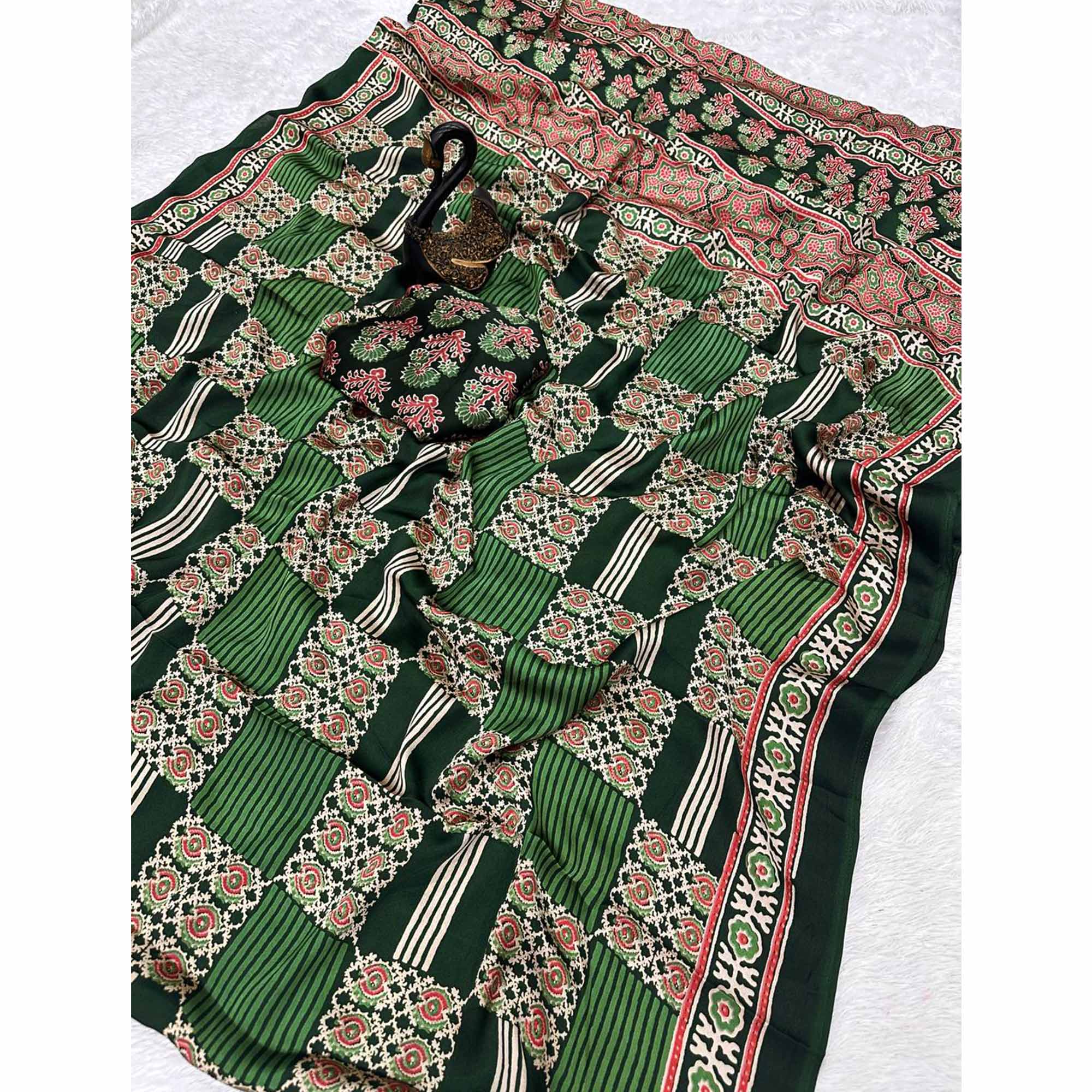 Designer Green Ajrakh Print Pure Silk Saree for Special Occasions