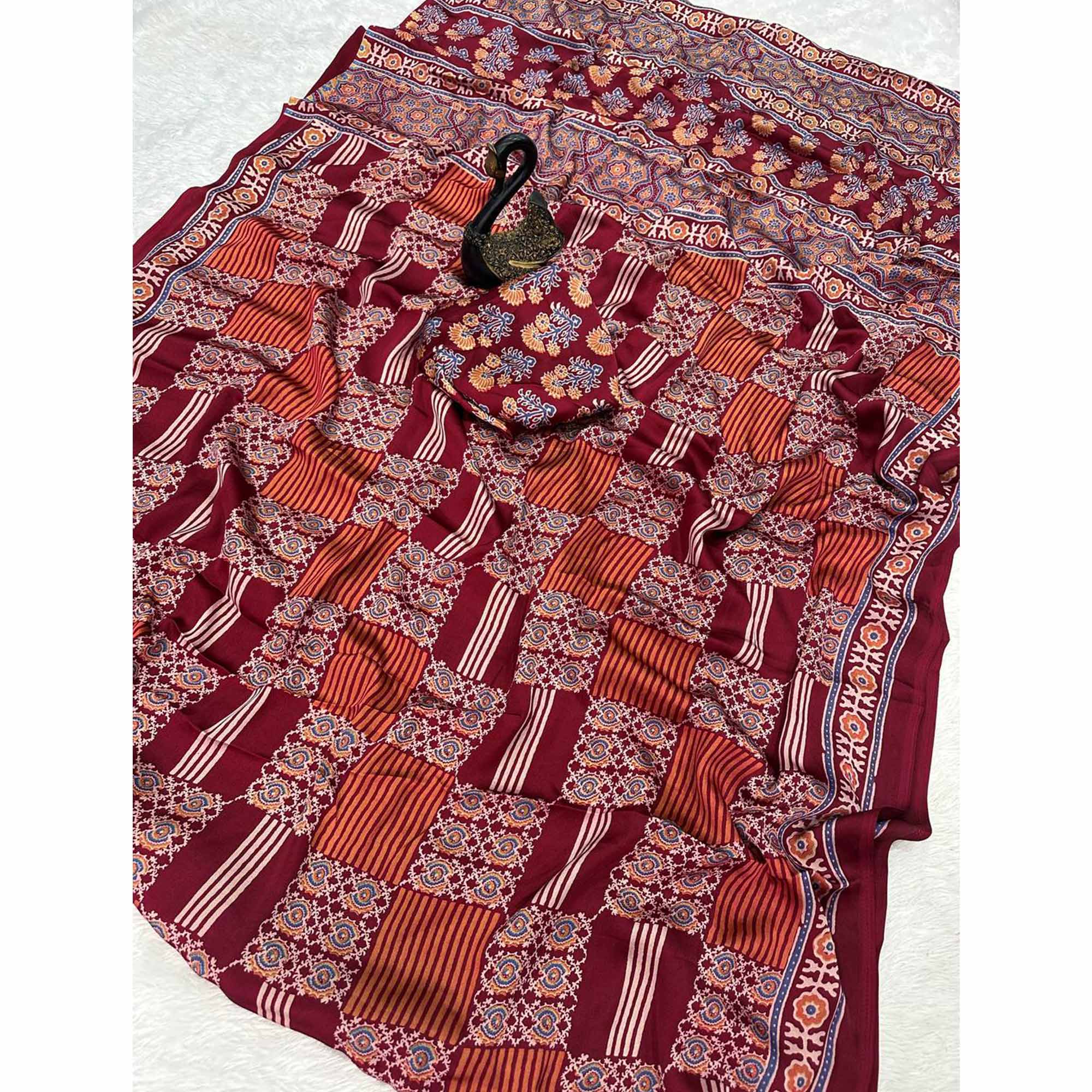 Designer Maroon Ajrakh Print Pure Silk Saree for Special Occasions