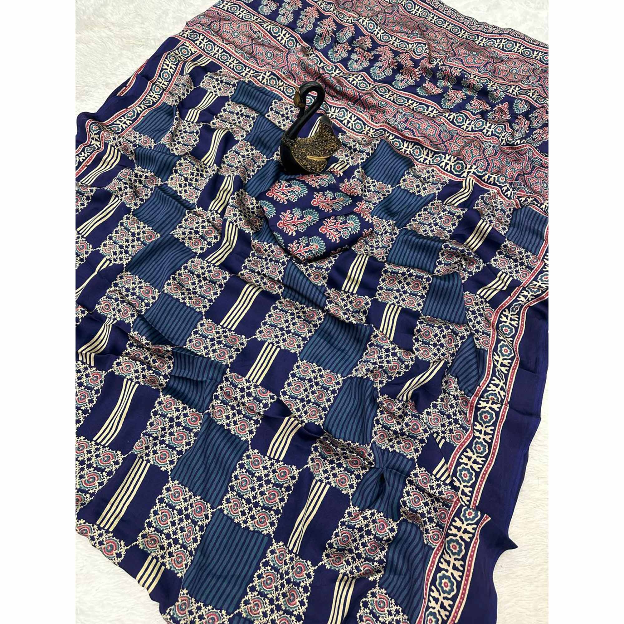 Designer Navy Blue Ajrakh Print Pure Silk Saree for Special Occasions