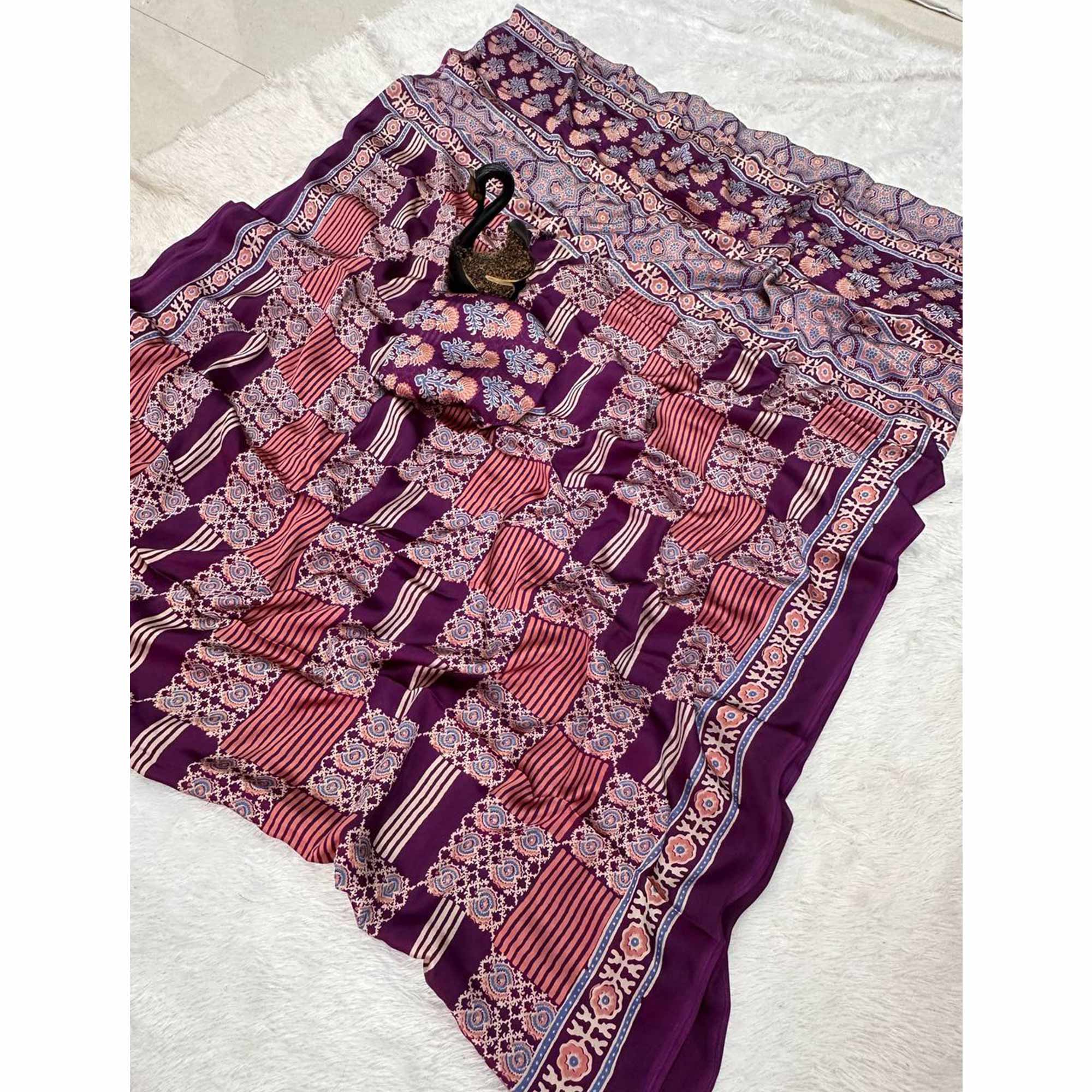 Designer Purple Ajrakh Print Pure Silk Saree for Special Occasions