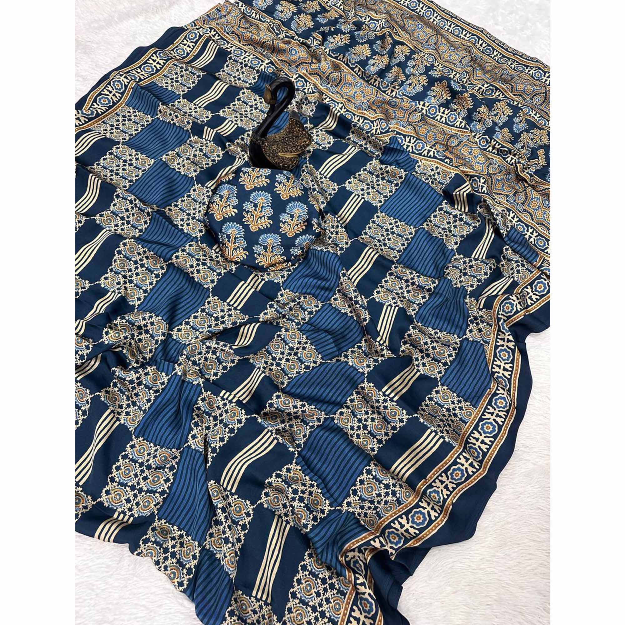 Designer Teal Ajrakh Print Pure Silk Saree for Special Occasions