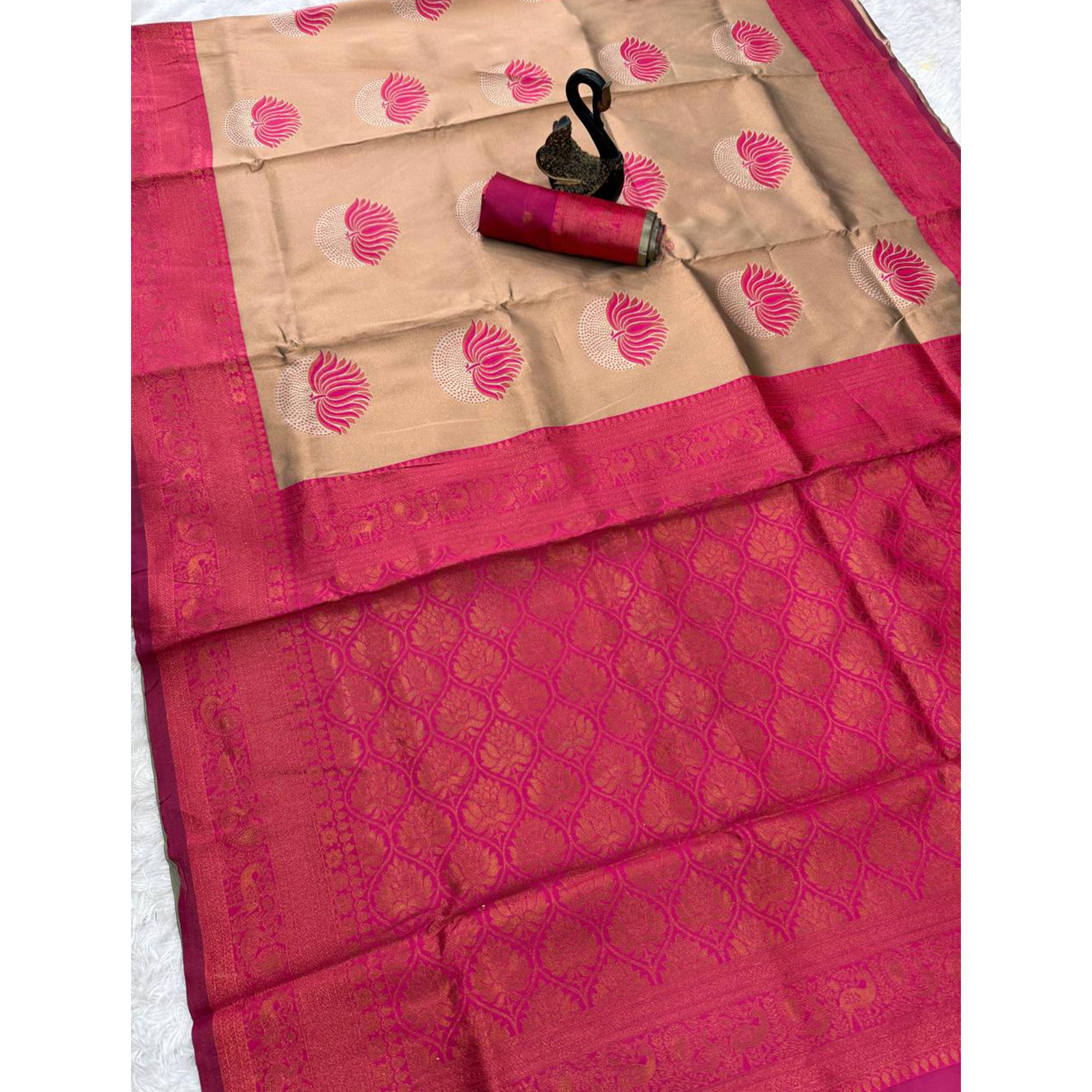 Pink Floral Zari Weaving Banarasi Silk Saree Embellished With Intricate Unique Border & Pallu