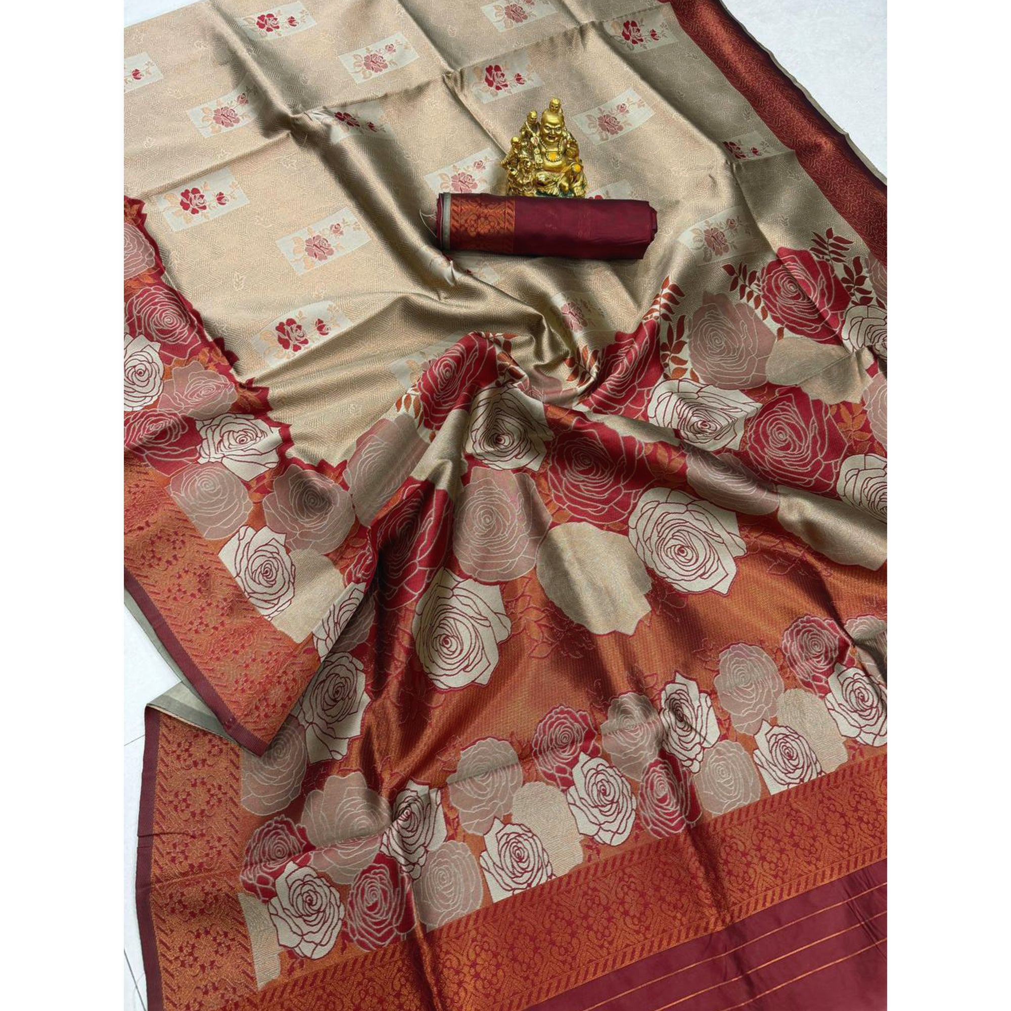 Beige Handloom Banarasi Silk Saree Enhanced with Artistic Floral Zari Weaving for Timeless Appeal