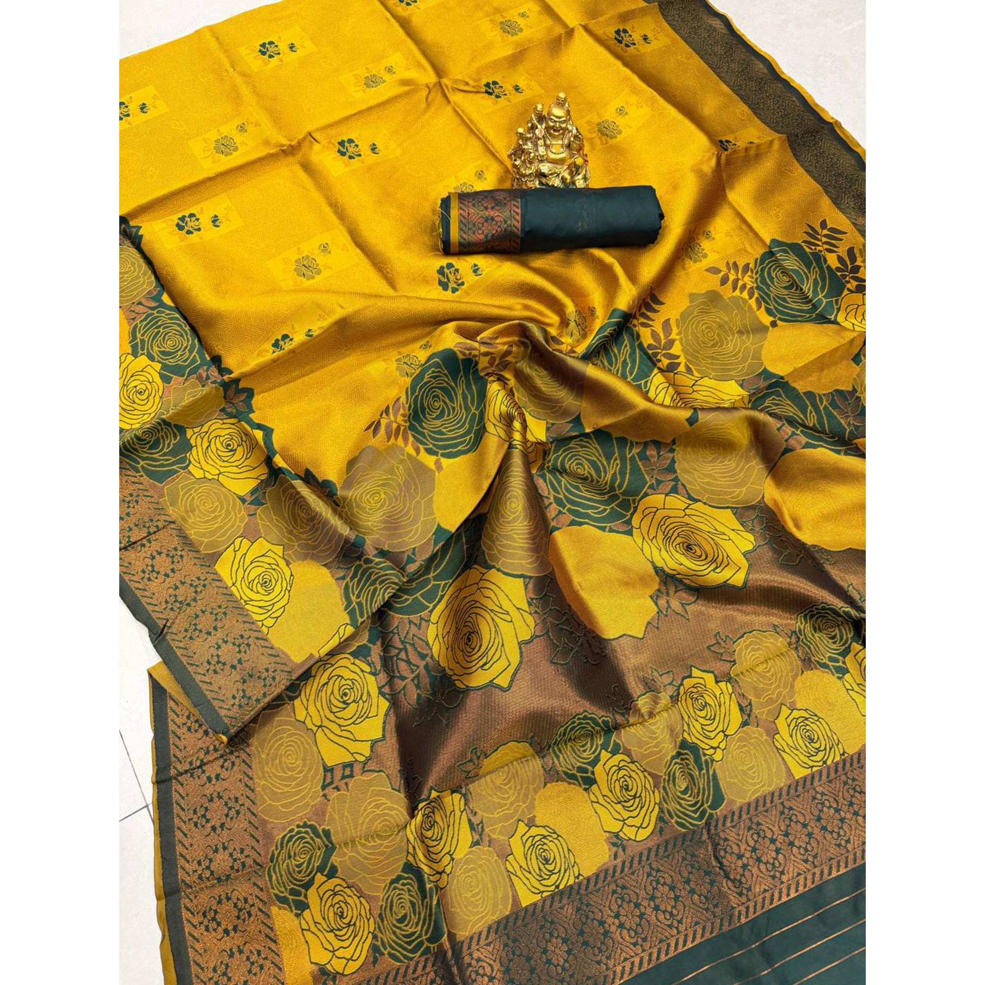 Mustard Handloom Banarasi Silk Saree Enhanced with Artistic Floral Zari Weaving for Timeless Appeal