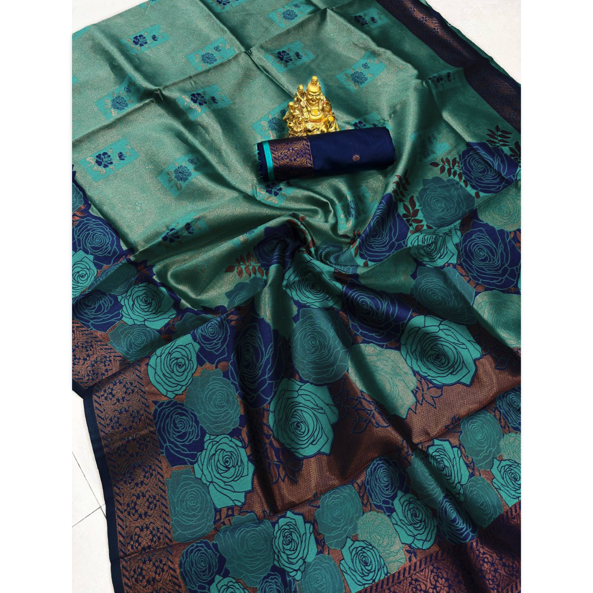 Teal Handloom Banarasi Silk Saree Enhanced with Artistic Floral Zari Weaving for Timeless Appeal