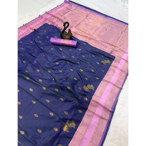 Blue Traditional Kanjivaram Silk Saree Featuring Classic Zari Butti Weaving