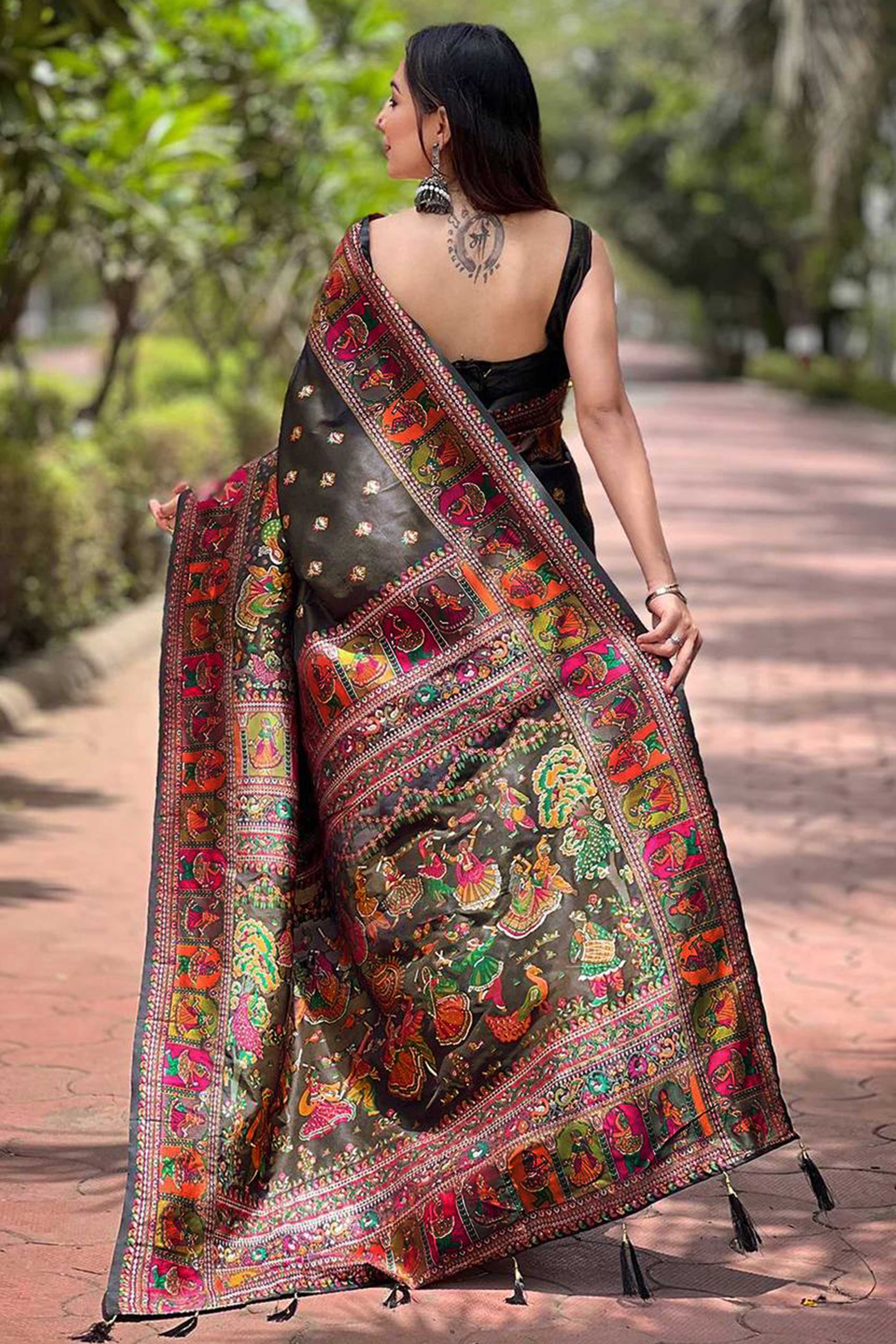 Black Pashmina Silk Saree Enhanced with Intricate Rajwadi Zari Weaves for Festive Elegance