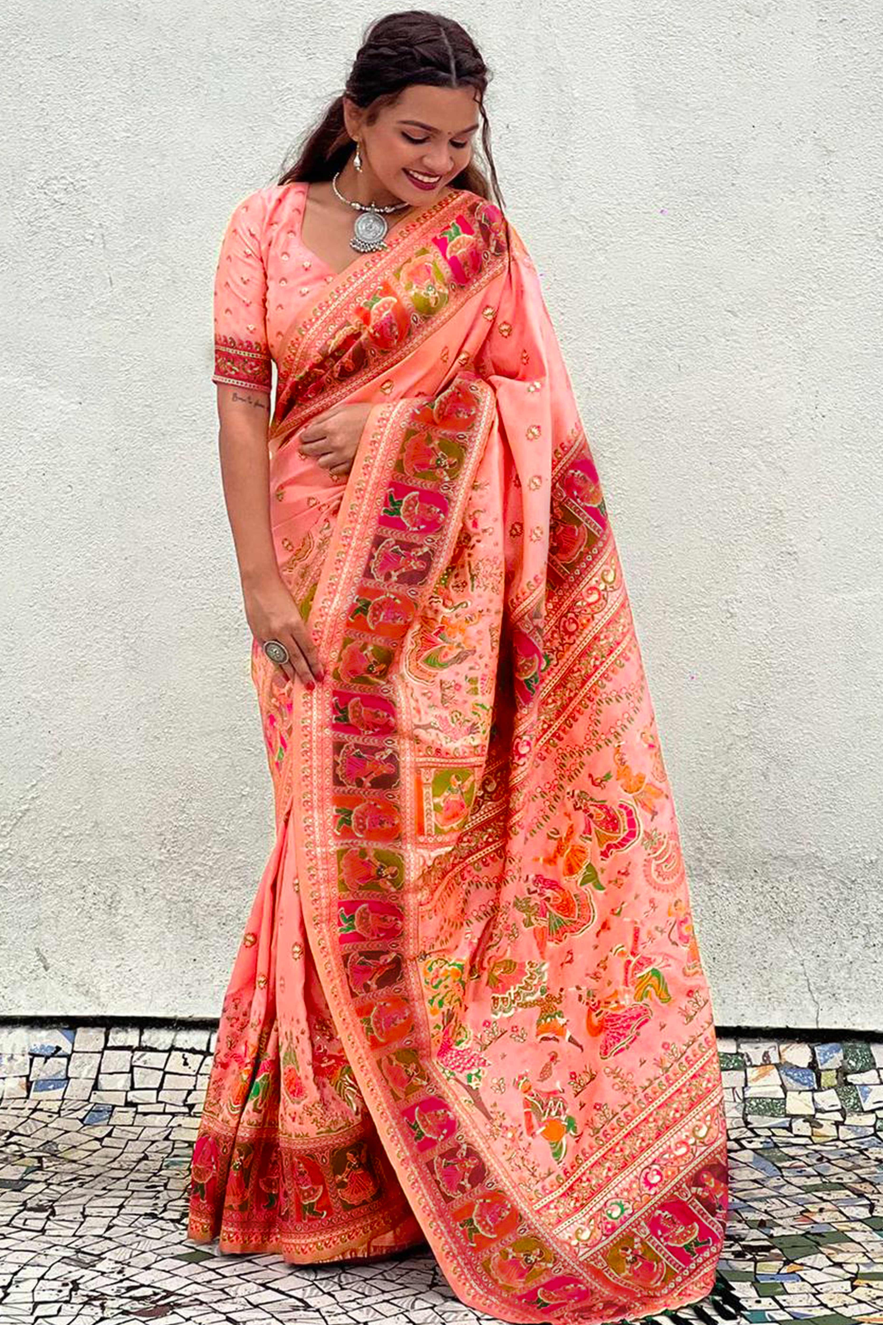 Peach Pashmina Silk Saree Enhanced with Intricate Rajwadi Zari Weaves for Festive Elegance