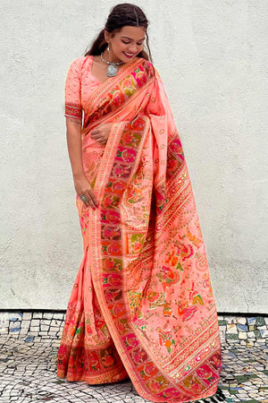 Peach Pashmina Silk Saree Enhanced with Intricate Rajwadi Zari Weaves for Festive Elegance