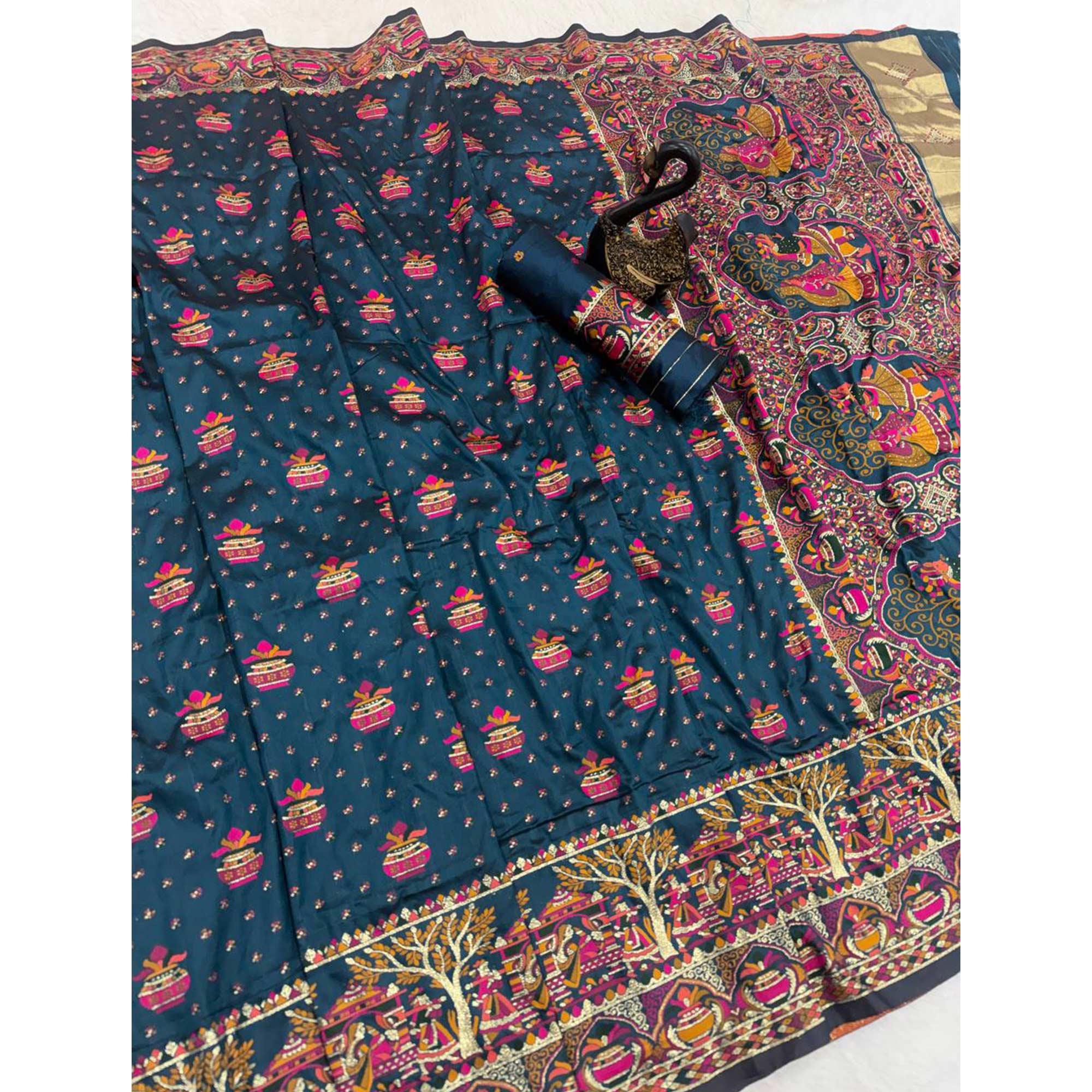 Teal Madhubani Inspired Weaving Pashmina Silk Saree Perfect for Refined Festive