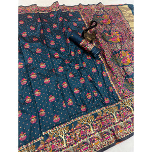 Teal Madhubani Inspired Weaving Pashmina Silk Saree Perfect for Refined Festive