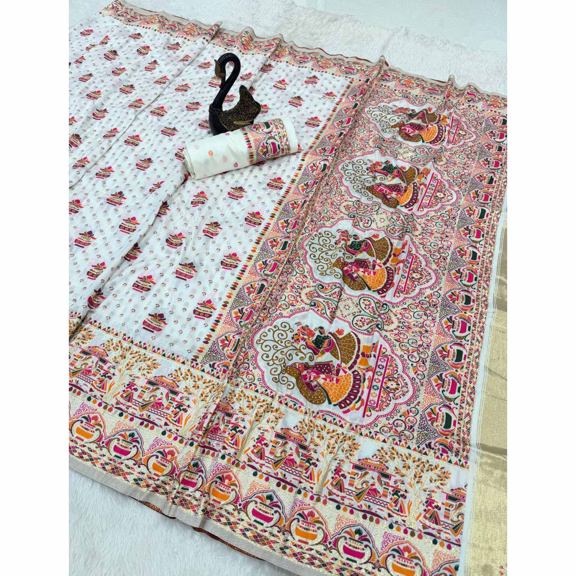 White Madhubani Inspired Weaving Pashmina Silk Saree Perfect for Refined Festive