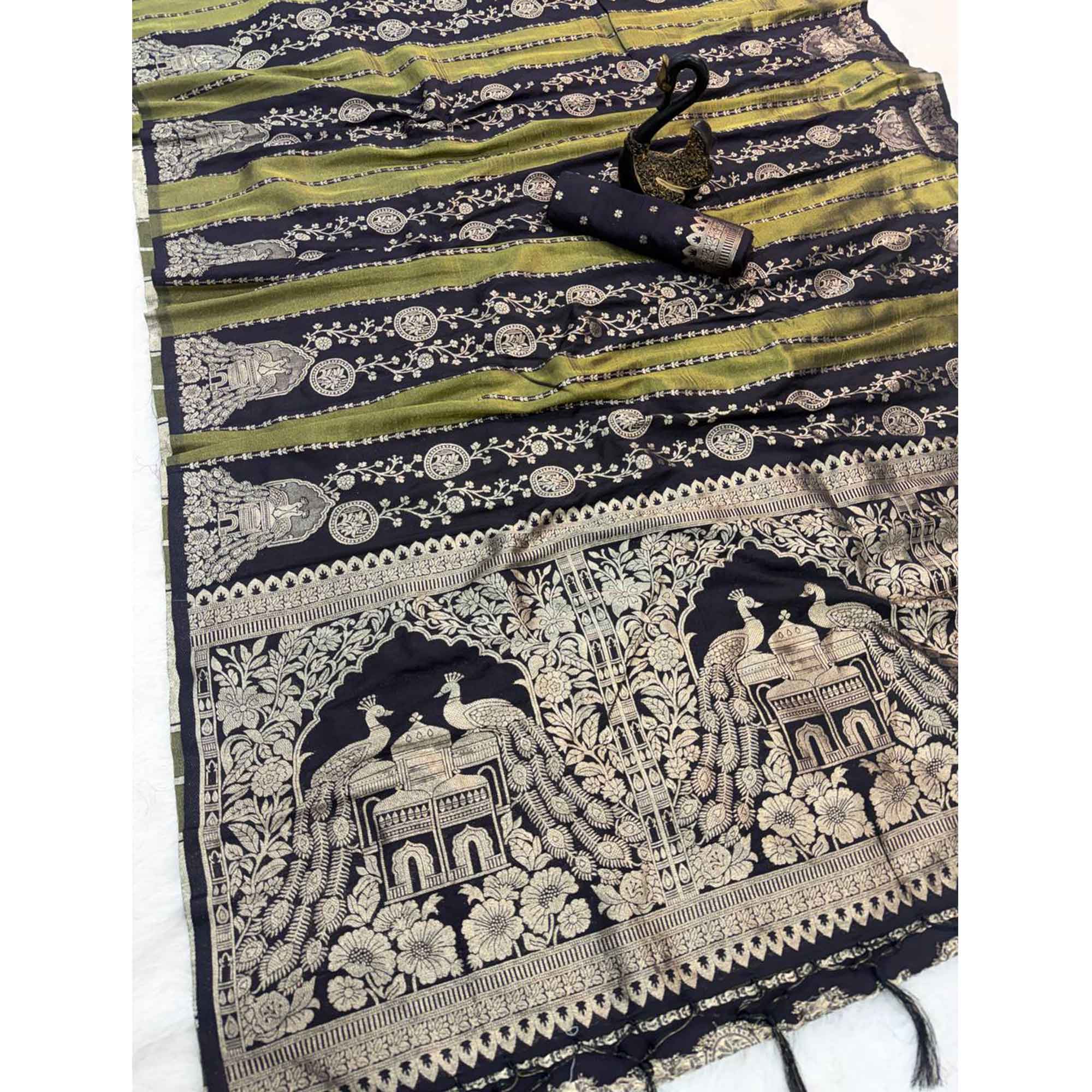 Black Festive Wear Chinya Tissue Silk Saree Enhanced with Intricate Zari Weaving Detailing