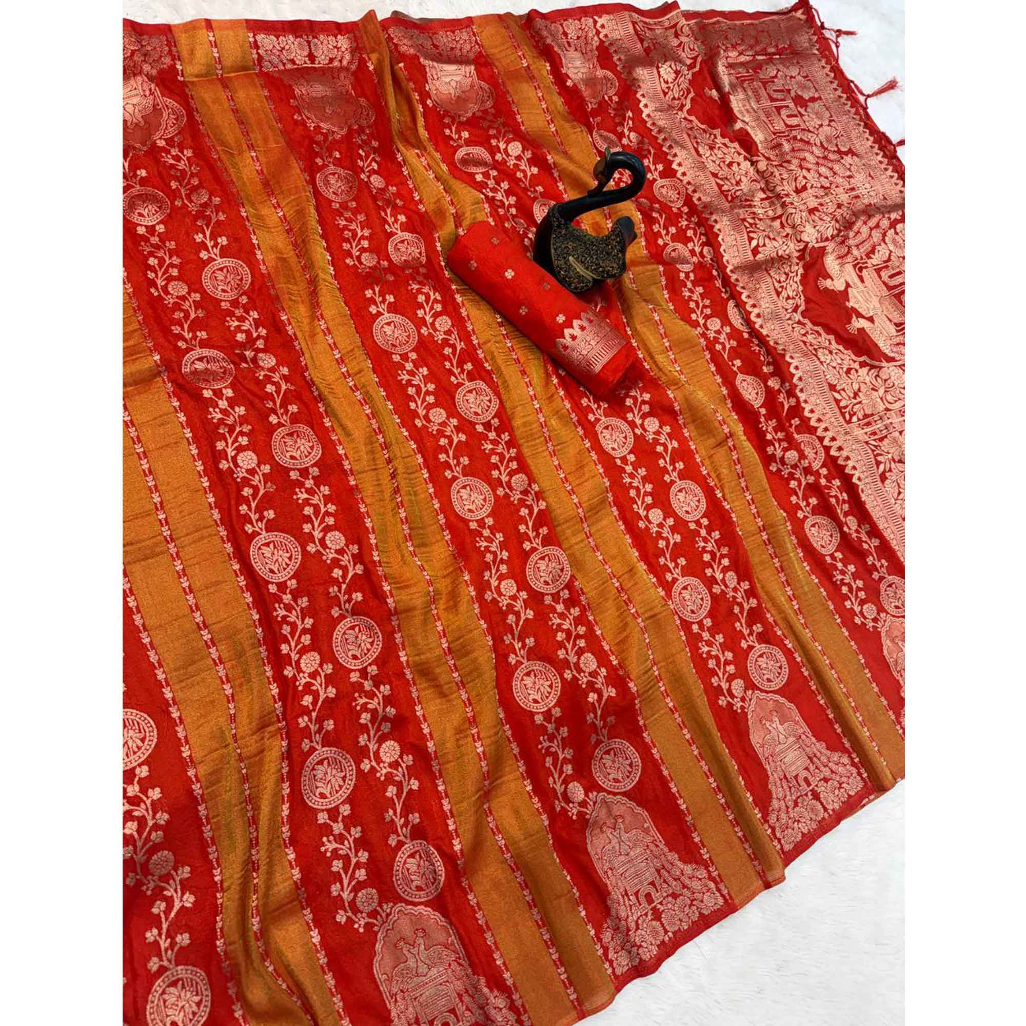 Orange Festive Wear Chinya Tissue Silk Saree Enhanced with Intricate Zari Weaving Detailing