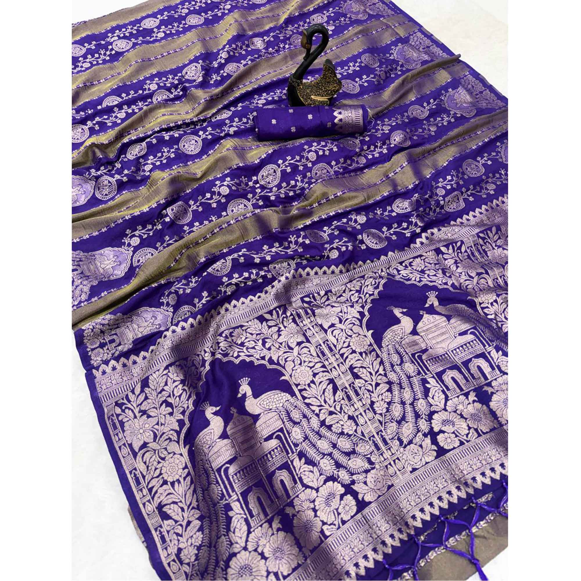Violet Festive Wear Chinya Tissue Silk Saree Enhanced with Intricate Zari Weaving Detailing