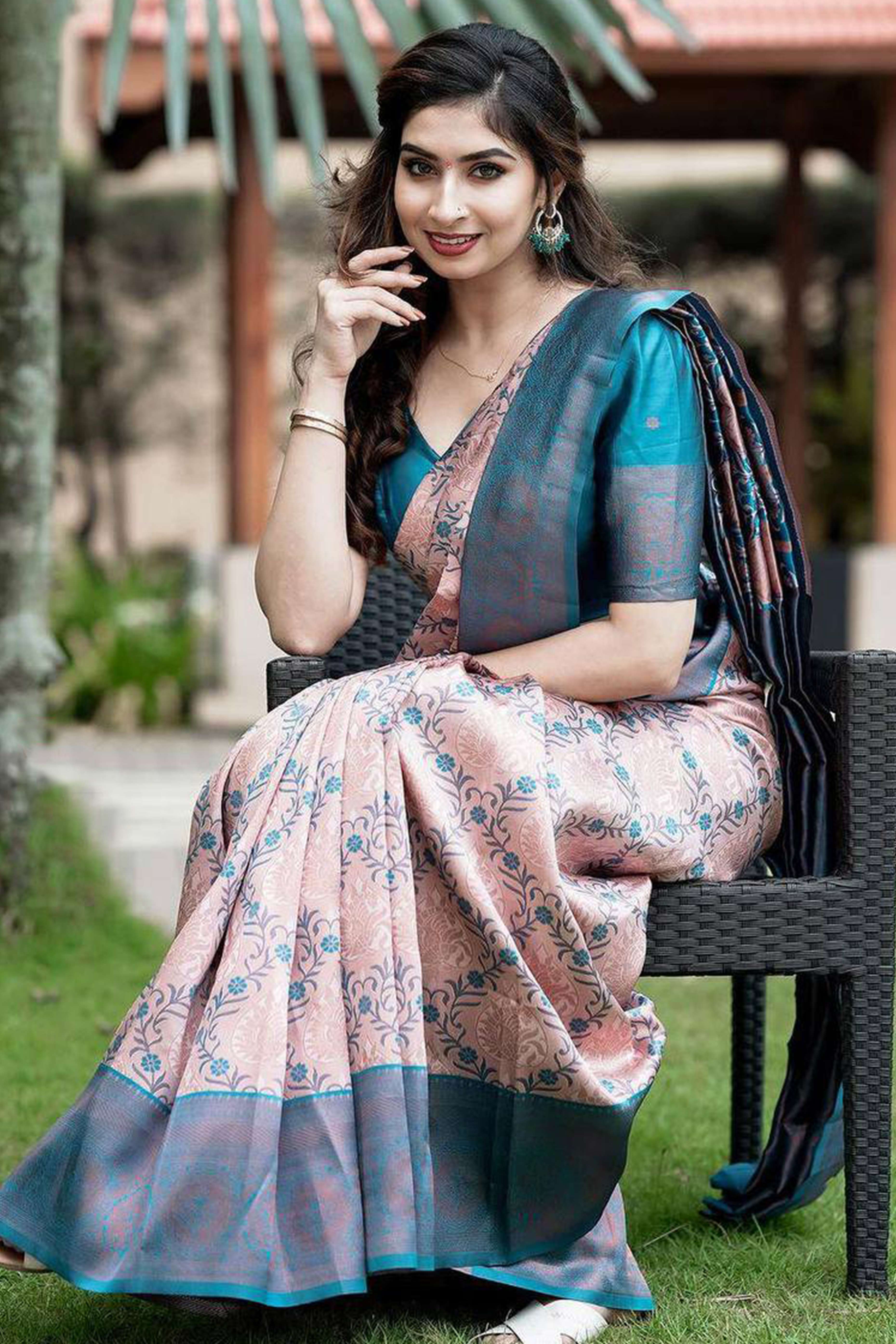 Peach & Blue Floral Woven Lichi Banarasi Silk Saree
