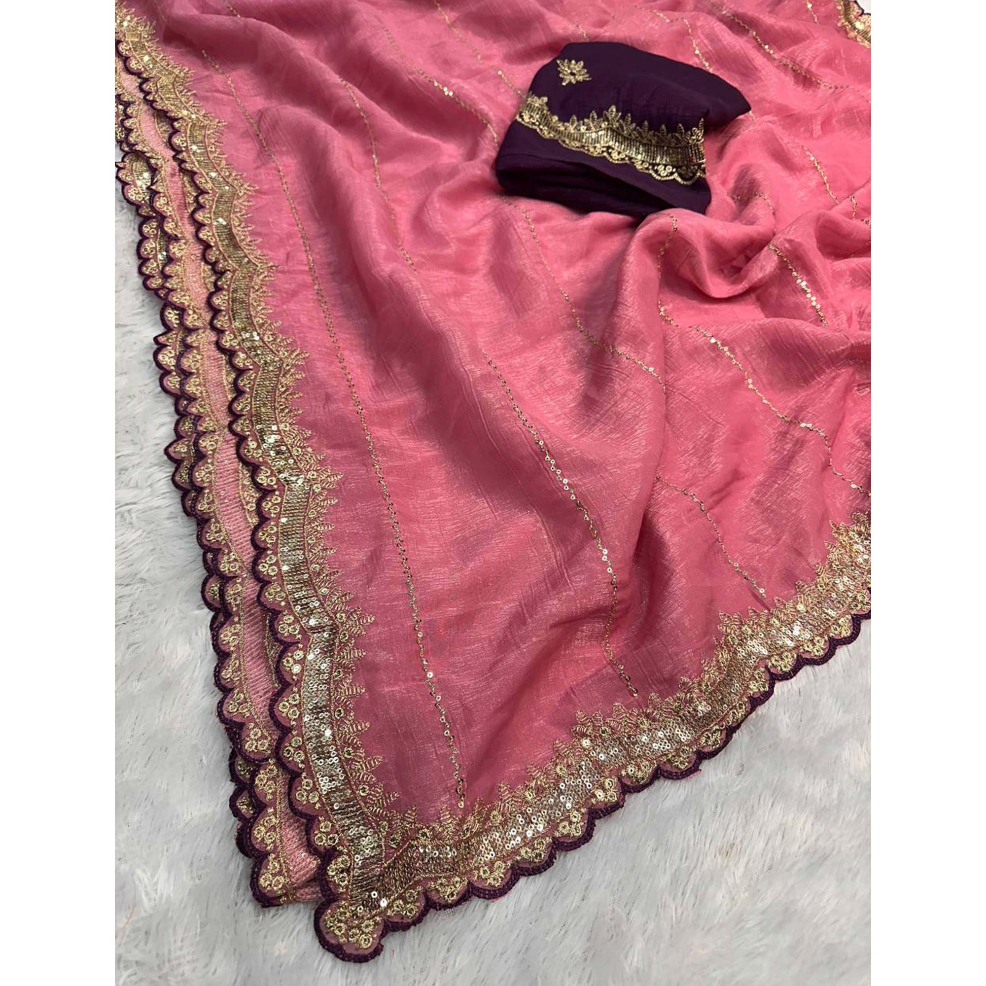 Gajari Pink Sequins Embroidered Tussar silk Saree